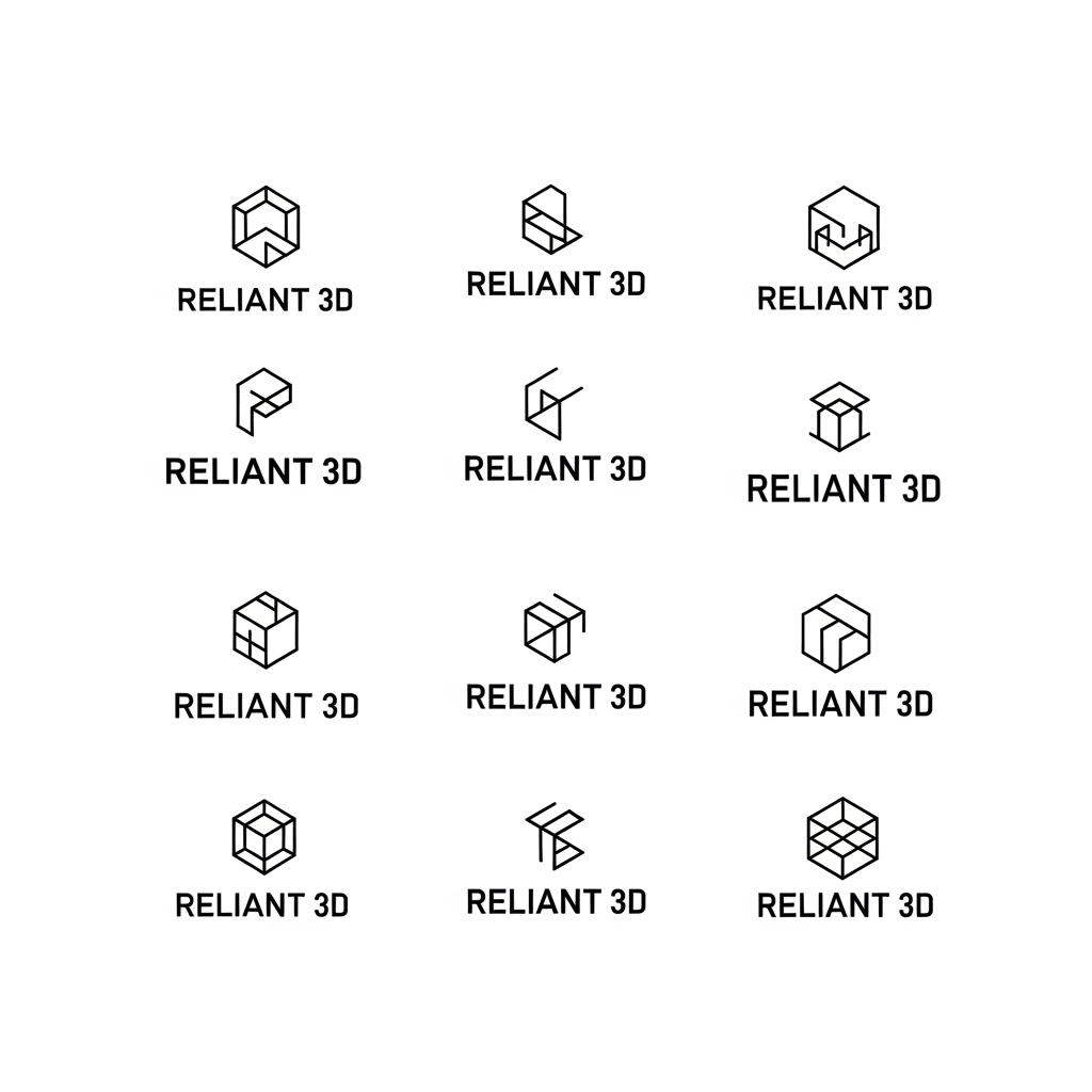 Create a modern minimalist logo i want logo for this company read the website and services from this link and create logo for this company https://reliant3d.com/ and make 5 10 different variations company called 'Reliant 3D'