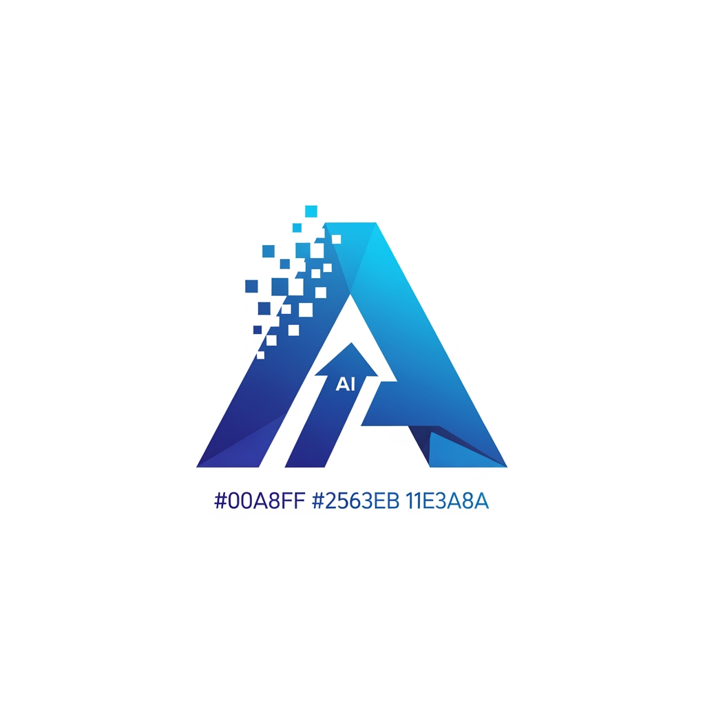 Design a modern,Elegant, aesthetic vector logo for a software and web development company named "Ascend Labs". Create only the icon (no text, no tagline, no background elements). The logo should feature a futuristic geometric letter "A" combined with a subtle upward arrow to symbolize growth, innovation, and scalability. Incorporate digital pixel/glitch accents on one side to represent technology, software, AI, and speed. Use sharp angular lines, perfect symmetry, and a premium blue-to-indigo gradient (#00A8FF → #2563EB → #1E3A8A). Flat vector style with clean edges, negative space, and no shadows or 3D effects. The design should be memorable, scalable, and suitable for websites, mobile apps, GitHub, favicons, and branding. Place the logo centered on a transparent background. The final result should resemble the branding quality of companies like Stripe, Linear, Vercel, or OpenAI—simple, iconic, and instantly recognizable.