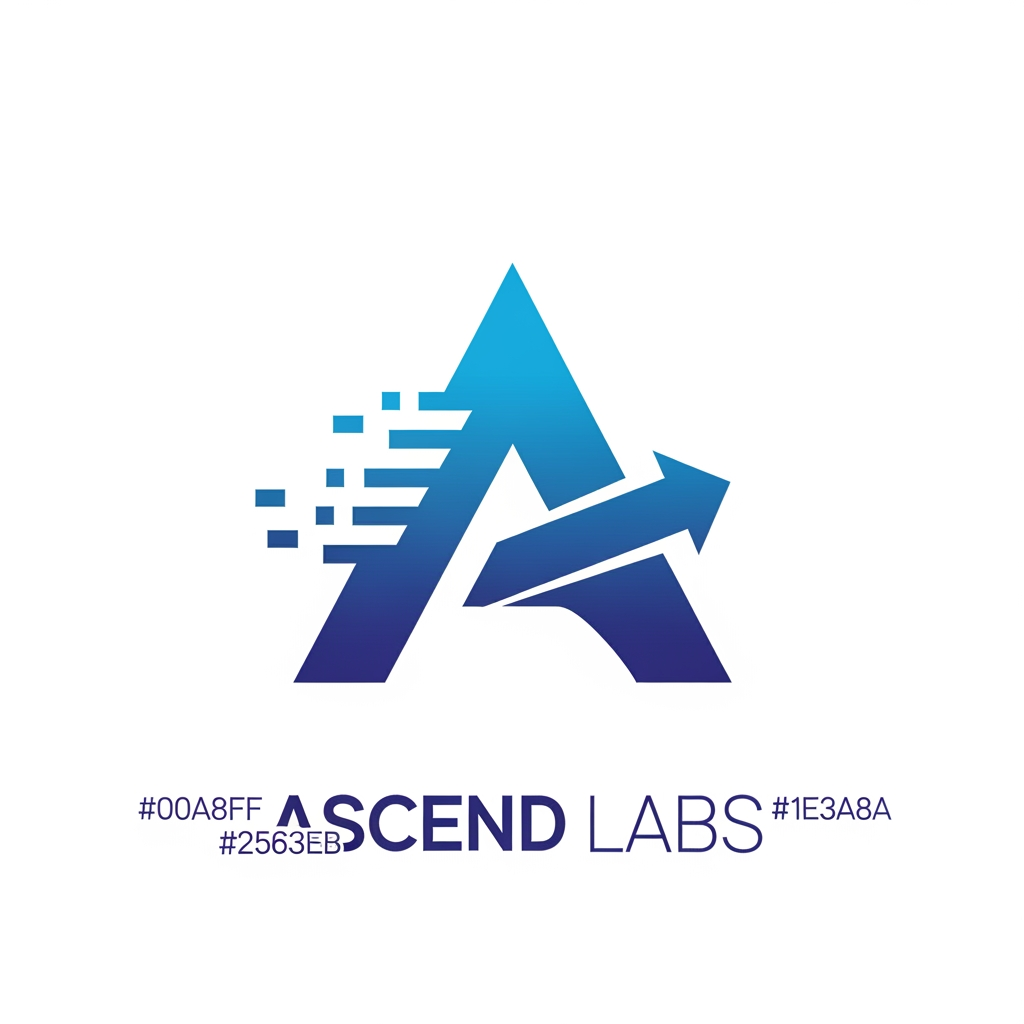 Design a modern, minimalist vector logo for a software and web development company named "Ascend Labs". Create only the icon (no text, no tagline, no background elements). The logo should feature a futuristic geometric letter "A" combined with a subtle upward arrow to symbolize growth, innovation, and scalability. Incorporate digital pixel/glitch accents on one side to represent technology, software, AI, and speed. Use sharp angular lines, perfect symmetry, and a premium blue-to-indigo gradient (#00A8FF → #2563EB → #1E3A8A). Flat vector style with clean edges, negative space, and no shadows or 3D effects. The design should be memorable, scalable, and suitable for websites, mobile apps, GitHub, favicons, and branding. Place the logo centered on a transparent background. The final result should resemble the branding quality of companies like Stripe, Linear, Vercel, or OpenAI—simple, iconic, and instantly recognizable.