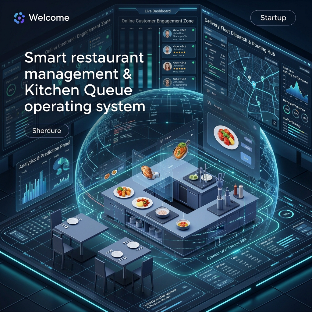 okay now create a background image for topic of (smart restaurant management & kitchen queue operating system) more profisional and attractive it should like real startup system because it is my welcome page something like thos with delivery and online customer feature as well