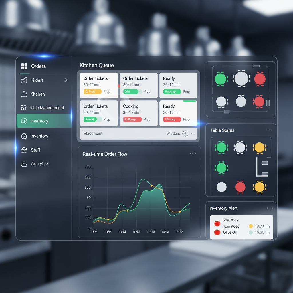 okay now create a background image for topic of (smart restaurant management & kitchen queue operating system) more profisional and attractive it should like real startup system because it is my welcome page