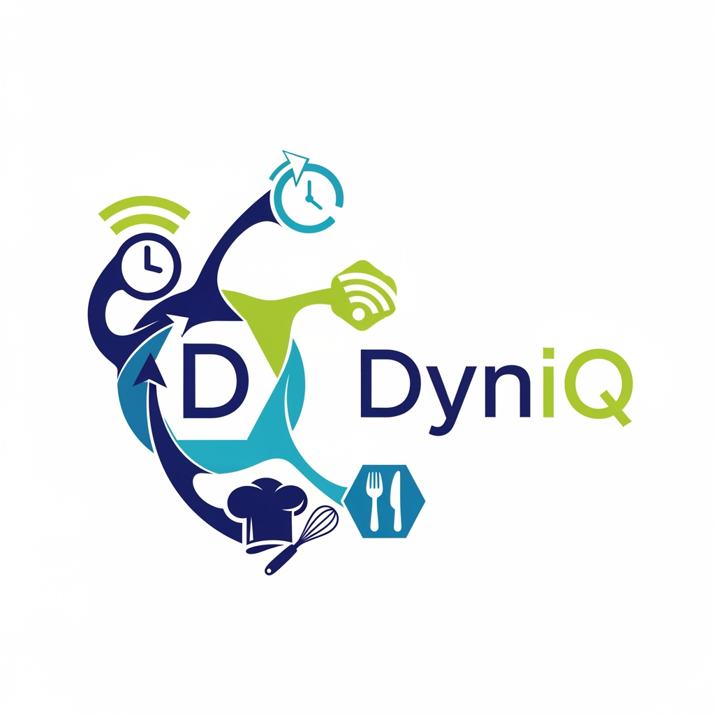 smart restaurant managment queue and kitchen operating system named as Dyniq can u plz create a proffesional and attractive logo for it more suitable and impressive creating a ecosystem so something like that