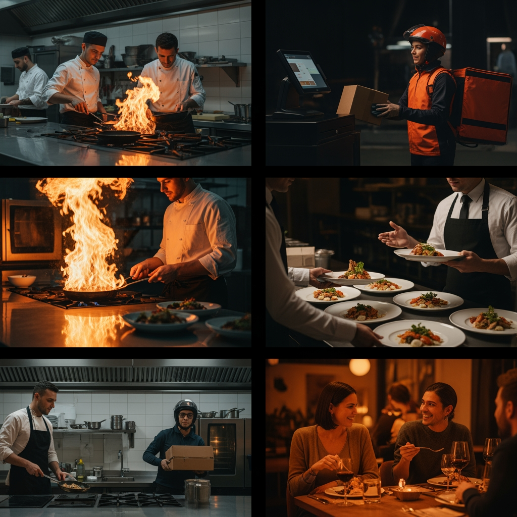 Create a cinematic 12–15 second seamless looping video for the landing page of a premium restaurant management SaaS platform.

Style: ultra-realistic, modern, premium, dark cinematic, warm orange and amber lighting, shallow depth of field, smooth camera movement, 4K, 16:9.

Scene sequence:
• Professional chefs cooking in a modern commercial kitchen.
• Flames rising from a pan in slow motion.
• Fresh food being plated with precision.
• Waiter collecting finished dishes from the kitchen pass.
• Digital POS screen briefly visible without readable text.
• Rider picking up a takeaway order.
• Happy customers dining in a stylish restaurant.
• Kitchen staff communicating efficiently.

Camera movement:
Slow cinematic dolly, gentle parallax, stabilized, smooth transitions.

Lighting:
Warm amber kitchen lights mixed with dark premium shadows. High contrast, realistic reflections on stainless steel.

Mood:
Professional, efficient, innovative, premium technology meets hospitality.

Requirements:
No logos, no branding, no subtitles, no watermarks, no UI elements, no text, no copyrighted restaurant chains. Keep the center of the frame visually clean for website headline and CTA button. Create a seamless looping ending that transitions naturally back to the beginning.