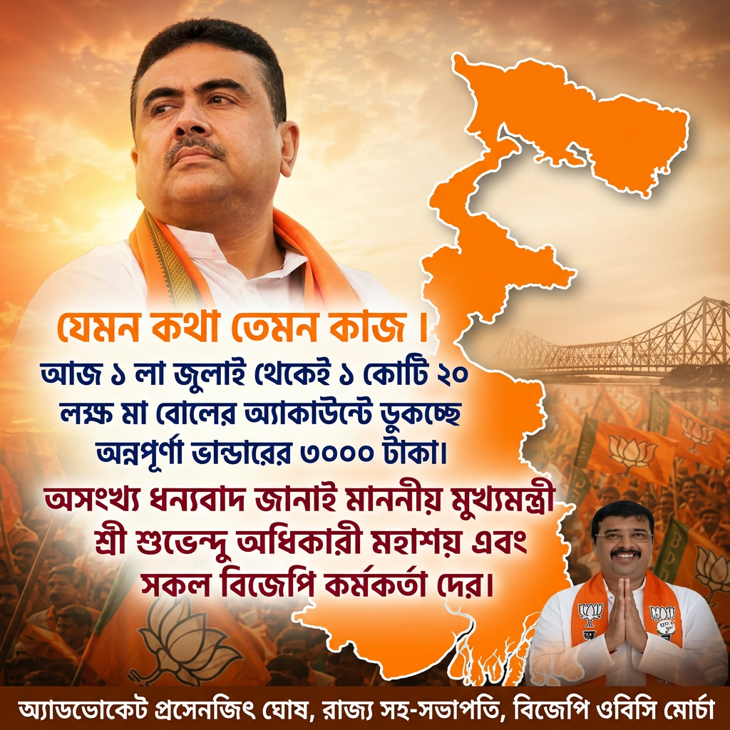 Write this in middle of the image "যেমন কথা তেমন কাজ ।



আজ ১ লা জুলাই থেকেই ১ কোটি ২০ লক্ষ মা    বোনের অ্যাকাউন্টে ডুকচ্ছে অন্নপূর্ণা ভান্ডারের ৩০০০ টাকা।


অসংখ্য ধন্যবাদ জানাই মাননীয় মুখ্যমন্ত্রী শ্রী শুভেন্দু অধিকারী মহাশয় এবং সকল বিজেপি কর্মকর্তা দের।" Make sure first paragraph and last paragraph should be bold and ever paragraph will be big size letter and use different colours, and add the 2nd small image melt with image background in the beaneth right of the 1st image and mention " অ্যাডভোকেট প্রসেনজিৎ ঘোষ, রাজ্য সহ-সভাপতি, বিজেপি ওবিসি মোর্চা " beaneth the hole image