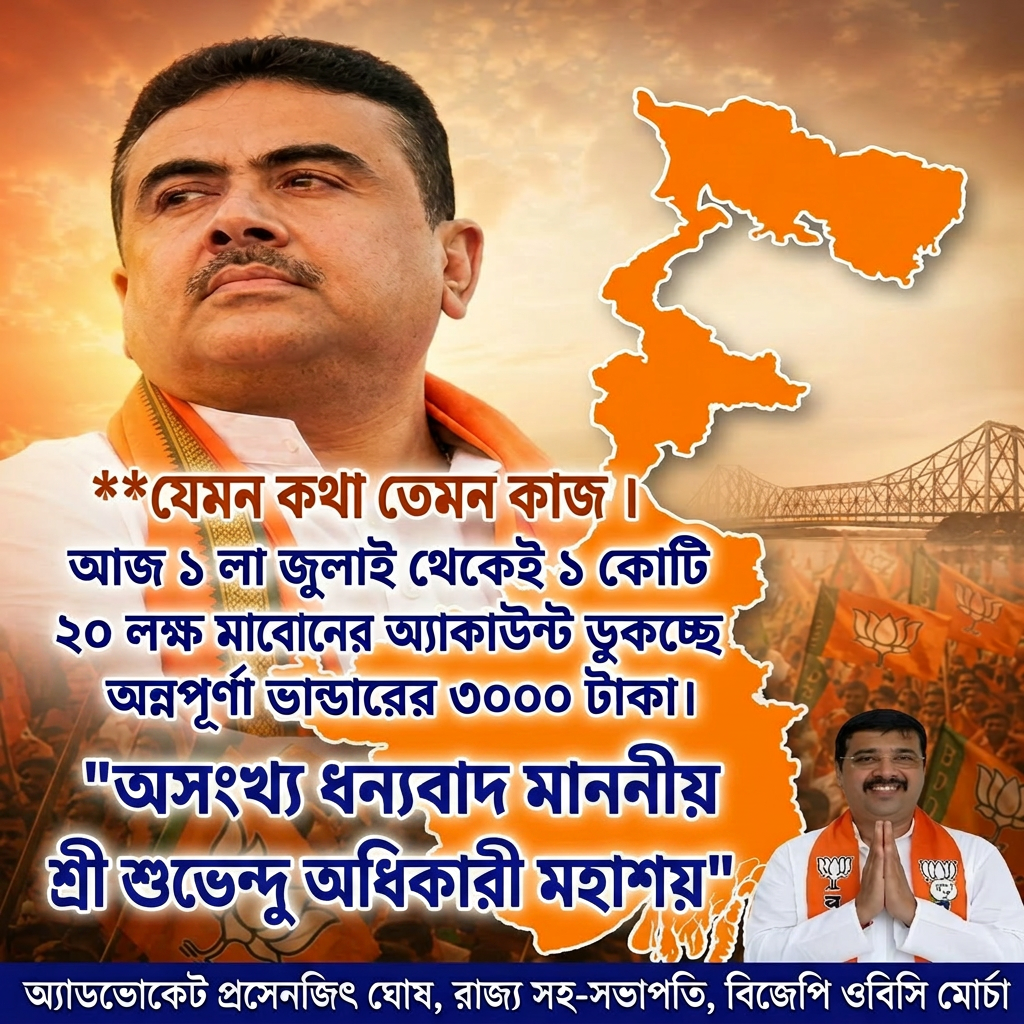 Write this in middle of the image

 "যেমন কথা তেমন কাজ ।


আজ ১ লা জুলাই থেকেই ১ কোটি ২০ লক্ষ মা ও বোনের অ্যাকাউন্টে ঢুকেছে অন্নপূর্ণা ভান্ডারের ৩০০০ টাকা।


"অসংখ্য ধন্যবাদ মাননীয় মুখ্যমন্ত্রী শ্রী শুভেন্দু অধিকারী মহাশয়" (this letter should be big)

 ।" Make sure first paragraph and last paragraph should be bold and ever paragraph will be big size letter and use different colours.

Everything will remain same
