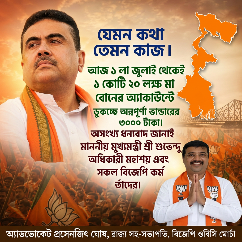 Write this in middle of the image "যেমন কথা তেমন কাজ ।



আজ ১ লা জুলাই থেকেই ১ কোটি ২০ লক্ষ মা    বোনের অ্যাকাউন্টে ডুকচ্ছে অন্নপূর্ণা ভান্ডারের ৩০০০ টাকা।


অসংখ্য ধন্যবাদ জানাই মাননীয় মুখ্যমন্ত্রী শ্রী শুভেন্দু অধিকারী মহাশয় এবং সকল বিজেপি কর্মকর্তা দের।" Make sure first paragraph and last paragraph should be bold and ever paragraph will be big size letter and use different colours, and add the 2nd small image melt with image background in the beaneth right of the 1st image and mention " অ্যাডভোকেট প্রসেনজিৎ ঘোষ, রাজ্য সহ-সভাপতি, বিজেপি ওবিসি মোর্চা " beaneth the hole image