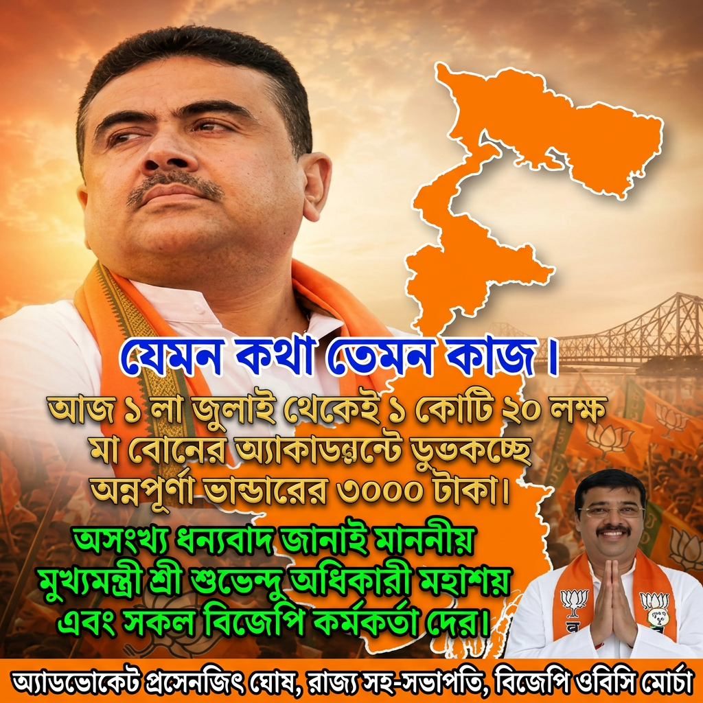 Write this in middle of the image "যেমন কথা তেমন কাজ ।
আজ ১ লা জুলাই থেকেই ১ কোটি ২০ লক্ষ মা বোনের অ্যাকাউন্টে ডুকচ্ছে অন্নপূর্ণা ভান্ডারের ৩০০০ টাকা।
অসংখ্য ধন্যবাদ জানাই মাননীয় মুখ্যমন্ত্রী শ্রী শুভেন্দু অধিকারী মহাশয় এবং সকল বিজেপি কর্মকর্তা দের।" Make sure first paragraph and last paragraph should be bold and ever paragraph will be big size letter and use different colours, and add the 2nd small image melt with image background in the beaneth right of the 1st image and mention " অ্যাডভোকেট প্রসেনজিৎ ঘোষ, রাজ্য সহ-সভাপতি, বিজেপি ওবিসি মোর্চা " beaneth the hole image , all letter should be correct and according to the given prompt.