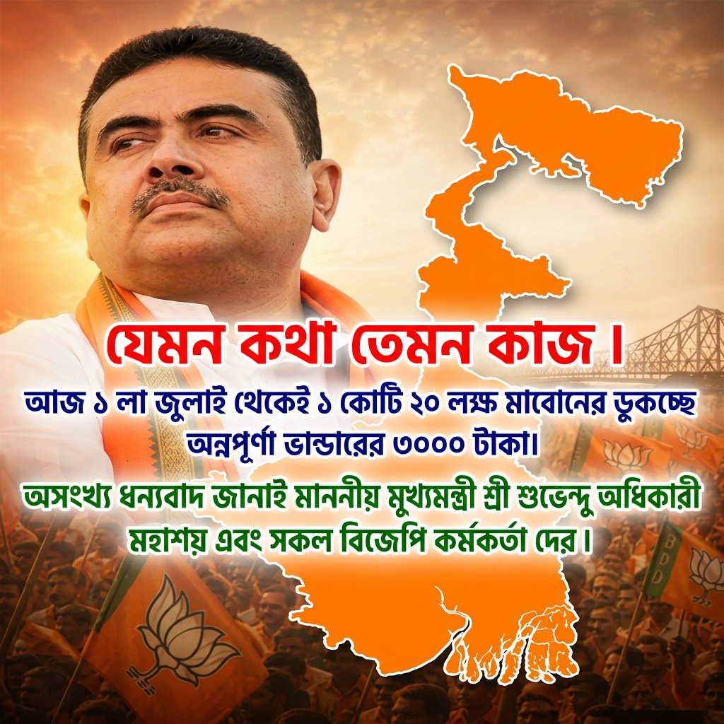 Write this in middle of the image "যেমন কথা তেমন কাজ ।
আজ ১ লা জুলাই থেকেই ১ কোটি ২০ লক্ষ মা বোনের অ্যাকাউন্টে ডুকচ্ছে অন্নপূর্ণা ভান্ডারের ৩০০০ টাকা।
অসংখ্য ধন্যবাদ জানাই মাননীয় মুখ্যমন্ত্রী শ্রী শুভেন্দু অধিকারী মহাশয় এবং সকল বিজেপি কর্মকর্তা দের।" Make sure first paragraph and last paragraph should be bold and ever paragraph will be big size letter and use different colours