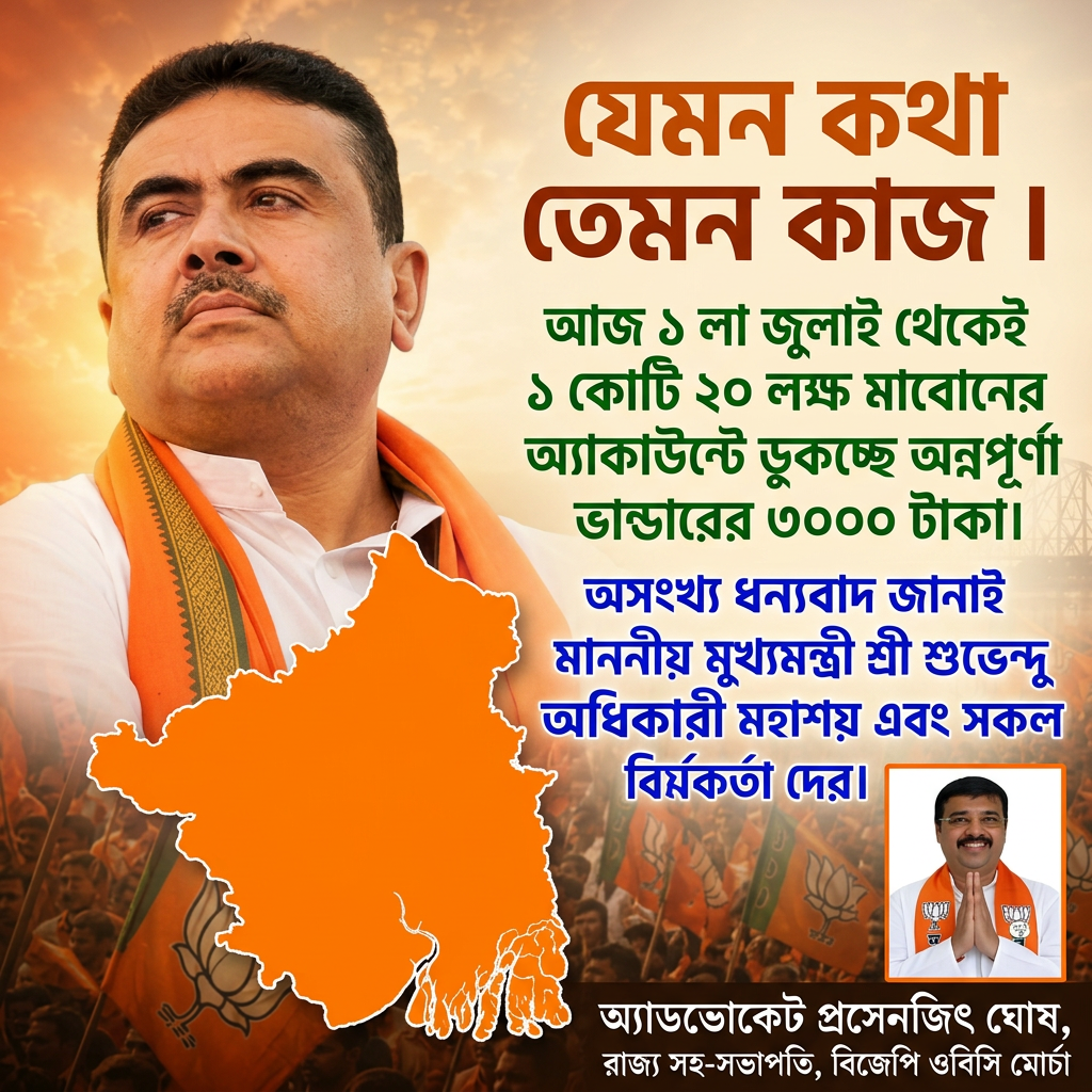 Write this in middle of the image "যেমন কথা তেমন কাজ ।



আজ ১ লা জুলাই থেকেই ১ কোটি ২০ লক্ষ মা বোনের অ্যাকাউন্টে ডুকচ্ছে অন্নপূর্ণা ভান্ডারের ৩০০০ টাকা।


অসংখ্য ধন্যবাদ জানাই মাননীয় মুখ্যমন্ত্রী শ্রী শুভেন্দু অধিকারী মহাশয় এবং সকল বিজেপি কর্মকর্তা দের।" Make sure first paragraph and last paragraph should be bold and ever paragraph will be big size letter and use different colours, and add the 2nd small image in the beaneth right of the 1st image and mention " অ্যাডভোকেট প্রসেনজিৎ ঘোষ, রাজ্য সহ-সভাপতি, বিজেপি ওবিসি মোর্চা " beaneth the hole image