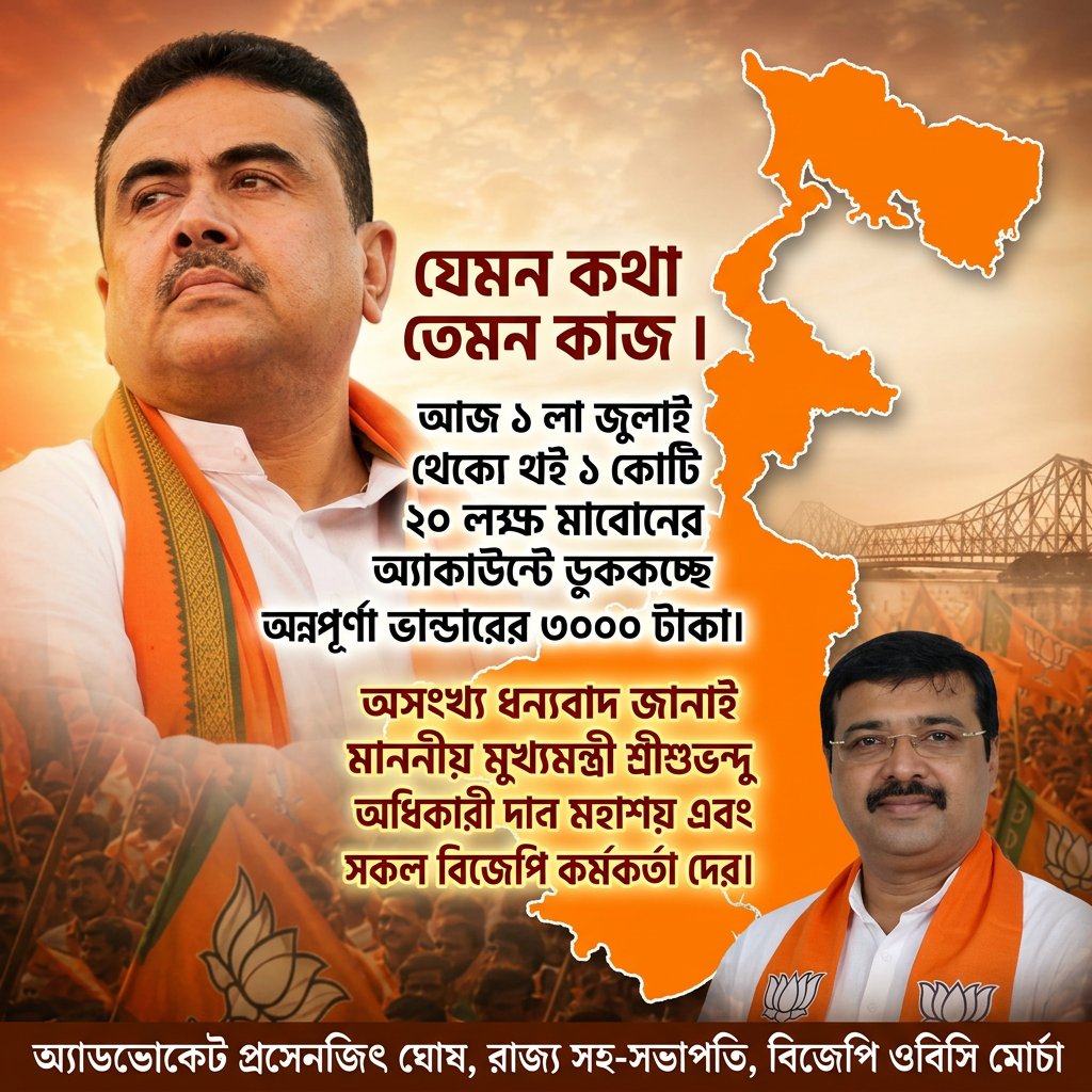 Write this in middle of the image "যেমন কথা তেমন কাজ ।



আজ ১ লা জুলাই থেকেই ১ কোটি ২০ লক্ষ মা    বোনের অ্যাকাউন্টে ডুকচ্ছে অন্নপূর্ণা ভান্ডারের ৩০০০ টাকা।


অসংখ্য ধন্যবাদ জানাই মাননীয় মুখ্যমন্ত্রী শ্রী শুভেন্দু অধিকারী মহাশয় এবং সকল বিজেপি কর্মকর্তা দের।" Make sure first paragraph and last paragraph should be bold and ever paragraph will be big size letter and use different colours, and add the 2nd small image melt with image background in the beaneth right of the 1st image and mention " অ্যাডভোকেট প্রসেনজিৎ ঘোষ, রাজ্য সহ-সভাপতি, বিজেপি ওবিসি মোর্চা " beaneth the hole image