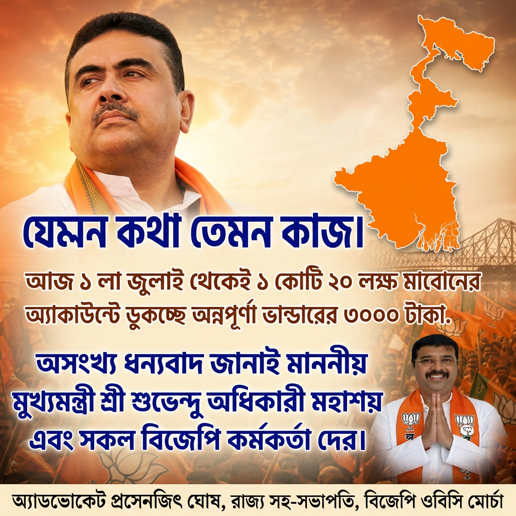 Write this in middle of the image "যেমন কথা তেমন কাজ ।



আজ ১ লা জুলাই থেকেই ১ কোটি ২০ লক্ষ মা বোনের অ্যাকাউন্টে ডুকচ্ছে অন্নপূর্ণা ভান্ডারের ৩০০০ টাকা।


অসংখ্য ধন্যবাদ জানাই মাননীয় মুখ্যমন্ত্রী শ্রী শুভেন্দু অধিকারী মহাশয় এবং সকল বিজেপি কর্মকর্তা দের।" Make sure first paragraph and last paragraph should be bold and ever paragraph will be big size letter and use different colours, and add the 2nd small image melt with image background in the beaneth right of the 1st image and mention " অ্যাডভোকেট প্রসেনজিৎ ঘোষ, রাজ্য সহ-সভাপতি, বিজেপি ওবিসি মোর্চা " beaneth the hole image