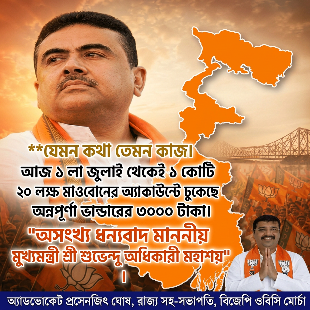 Write this in middle of the image

 "যেমন কথা তেমন কাজ ।


আজ ১ লা জুলাই থেকেই ১ কোটি ২০ লক্ষ মা ও বোনের অ্যাকাউন্টে ঢুকেছে অন্নপূর্ণা ভান্ডারের ৩০০০ টাকা।


"অসংখ্য ধন্যবাদ মাননীয় মুখ্যমন্ত্রী শ্রী শুভেন্দু অধিকারী মহাশয়" (this letter should be big)

 ।" Make sure first paragraph and last paragraph should be bold and ever paragraph will be big size letter and use different colours.

Everything will remain same, all letter should be correct and according to the prompt.