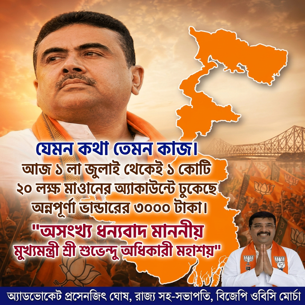 Write this in middle of the image

 "যেমন কথা তেমন কাজ ।


আজ ১ লা জুলাই থেকেই ১ কোটি ২০ লক্ষ মা ও বোনের অ্যাকাউন্টে ঢুকেছে অন্নপূর্ণা ভান্ডারের ৩০০০ টাকা।


"অসংখ্য ধন্যবাদ মাননীয় মুখ্যমন্ত্রী শ্রী শুভেন্দু অধিকারী মহাশয়" (this letter should be big)

 ।" Make sure first paragraph and last paragraph should be bold and ever paragraph will be big size letter and use different colours.

Everything will remain same, all letter should be correct and according to the prompt.
