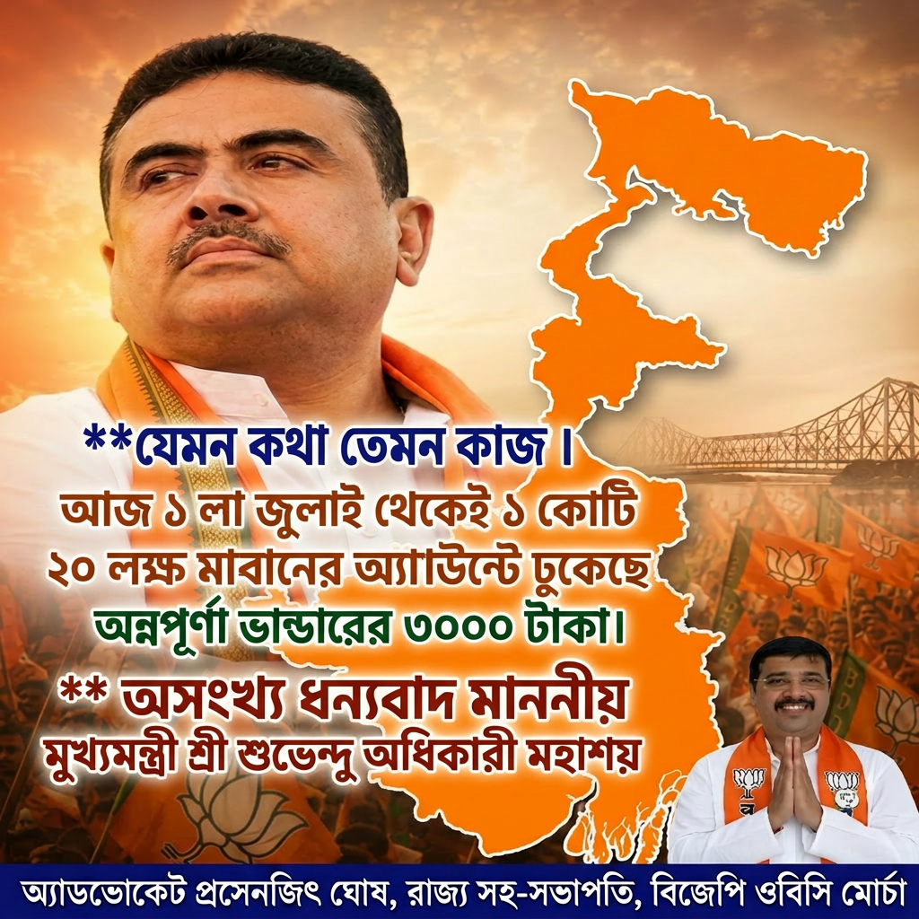 Write this in middle of the image

 "যেমন কথা তেমন কাজ ।


আজ ১ লা জুলাই থেকেই ১ কোটি ২০ লক্ষ মা ও বোনের অ্যাকাউন্টে ঢুকেছে অন্নপূর্ণা ভান্ডারের ৩০০০ টাকা।


"অসংখ্য ধন্যবাদ মাননীয় মুখ্যমন্ত্রী শ্রী শুভেন্দু অধিকারী মহাশয়" (this letter should be big)

 ।" Make sure first paragraph and last paragraph should be bold and ever paragraph will be big size letter and use different colours.

Everything will remain same, all letter should be correct and according to the prompt.