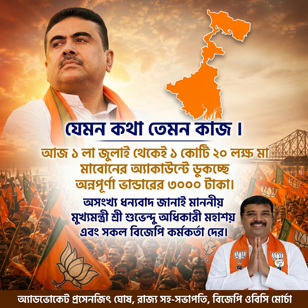 Write this in middle of the image "যেমন কথা তেমন কাজ ।



আজ ১ লা জুলাই থেকেই ১ কোটি ২০ লক্ষ মা    বোনের অ্যাকাউন্টে ডুকচ্ছে অন্নপূর্ণা ভান্ডারের ৩০০০ টাকা।


অসংখ্য ধন্যবাদ জানাই মাননীয় মুখ্যমন্ত্রী শ্রী শুভেন্দু অধিকারী মহাশয় এবং সকল বিজেপি কর্মকর্তা দের।" Make sure first paragraph and last paragraph should be bold and ever paragraph will be big size letter and use different colours, and add the 2nd small image melt with image background in the beaneth right of the 1st image and mention " অ্যাডভোকেট প্রসেনজিৎ ঘোষ, রাজ্য সহ-সভাপতি, বিজেপি ওবিসি মোর্চা " beaneth the hole image , all letter should be correct and according to the given prompt.