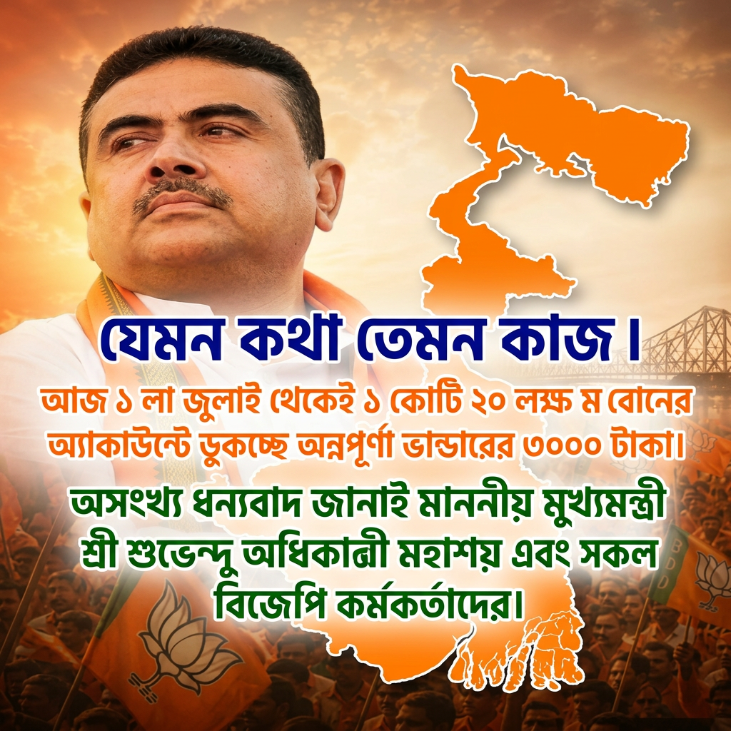 Write this in middle of the image "যেমন কথা তেমন কাজ ।



আজ ১ লা জুলাই থেকেই ১ কোটি ২০ লক্ষ মা বোনের অ্যাকাউন্টে ডুকচ্ছে অন্নপূর্ণা ভান্ডারের ৩০০০ টাকা।


অসংখ্য ধন্যবাদ জানাই মাননীয় মুখ্যমন্ত্রী শ্রী শুভেন্দু অধিকারী মহাশয় এবং সকল বিজেপি কর্মকর্তা দের।" Make sure first paragraph and last paragraph should be bold and ever paragraph will be big size letter and use different colours