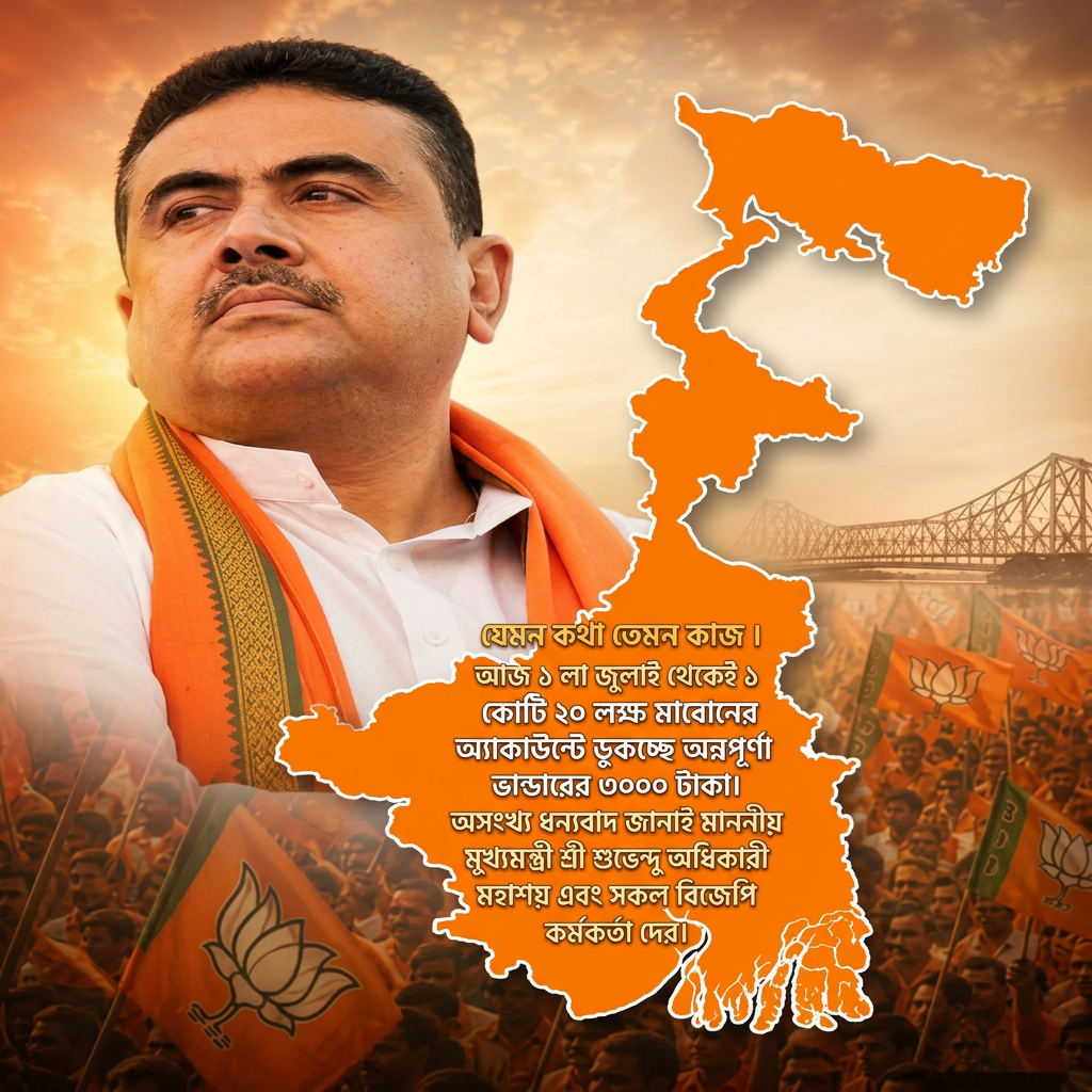 Write this in the middle of the image "যেমন কথা তেমন কাজ । আজ ১ লা জুলাই থেকেই ১ কোটি ২০ লক্ষ মা বোনের অ্যাকাউন্টে ডুকচ্ছে অন্নপূর্ণা ভান্ডারের ৩০০০ টাকা। অসংখ্য ধন্যবাদ জানাই মাননীয় মুখ্যমন্ত্রী শ্রী শুভেন্দু অধিকারী মহাশয় এবং সকল বিজেপি কর্মকর্তা দের।"