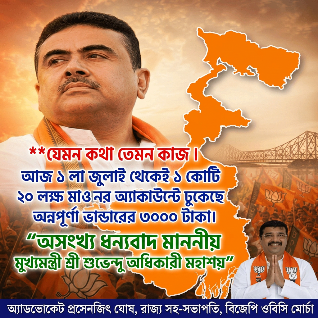 Write this in middle of the image

 "যেমন কথা তেমন কাজ ।


আজ ১ লা জুলাই থেকেই ১ কোটি ২০ লক্ষ মা ও বোনের অ্যাকাউন্টে ঢুকেছে অন্নপূর্ণা ভান্ডারের ৩০০০ টাকা।


"অসংখ্য ধন্যবাদ মাননীয় মুখ্যমন্ত্রী শ্রী শুভেন্দু অধিকারী মহাশয়" (this letter should be big)

 ।" Make sure first paragraph and last paragraph should be bold and ever paragraph will be big size letter and use different colours.

Everything will remain same, all letter should be correct and according to the prompt.