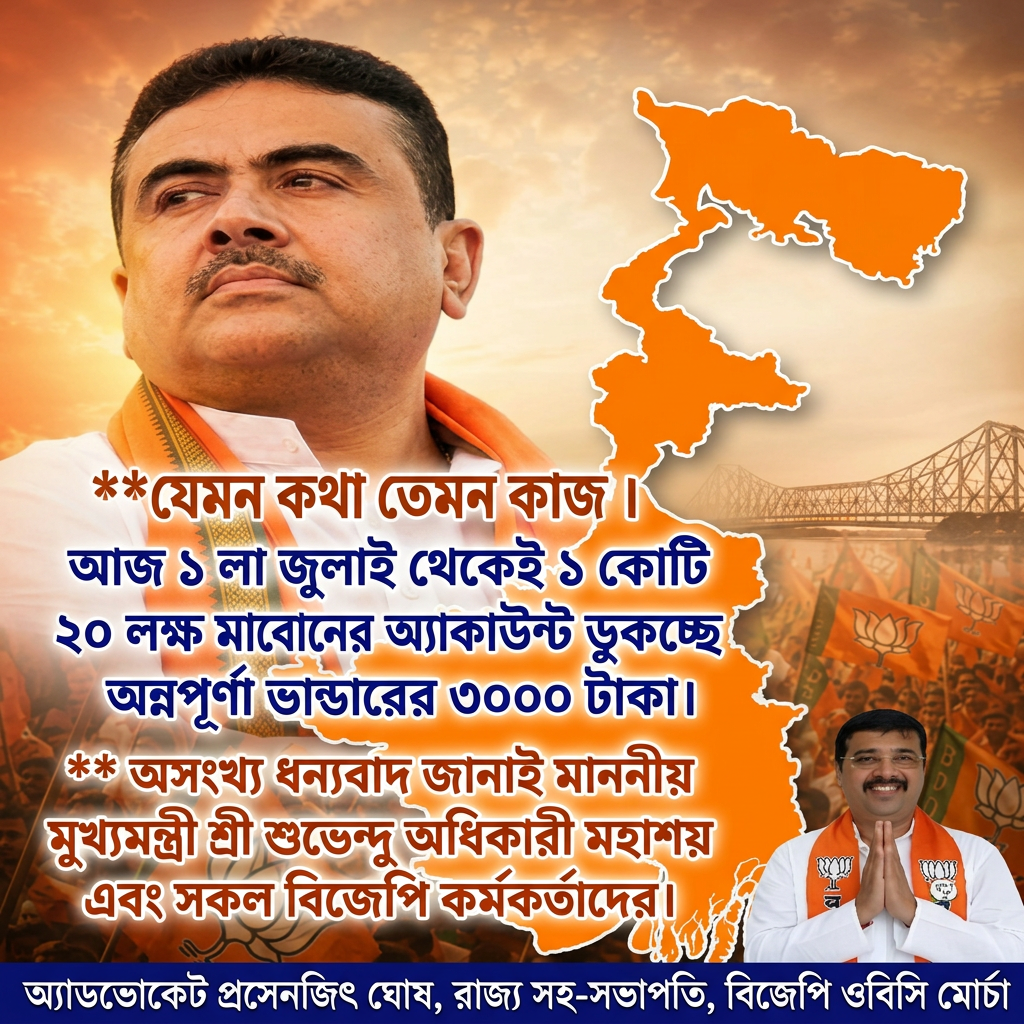 Write this in middle of the image "যেমন কথা তেমন কাজ ।



আজ ১ লা জুলাই থেকেই ১ কোটি ২০ লক্ষ মা বোনের অ্যাকাউন্টে ডুকচ্ছে অন্নপূর্ণা ভান্ডারের ৩০০০ টাকা।


অসংখ্য ধন্যবাদ জানাই মাননীয় মুখ্যমন্ত্রী শ্রী শুভেন্দু অধিকারী মহাশয় এবং সকল বিজেপি কর্মকর্তা দের।" Make sure first paragraph and last paragraph should be bold and ever paragraph will be big size letter and use different colours, and add the 2nd small image in the beaneth right of the 1st image and mention " অ্যাডভোকেট প্রসেনজিৎ ঘোষ, রাজ্য সহ-সভাপতি, বিজেপি ওবিসি মোর্চা " beaneth the hole image