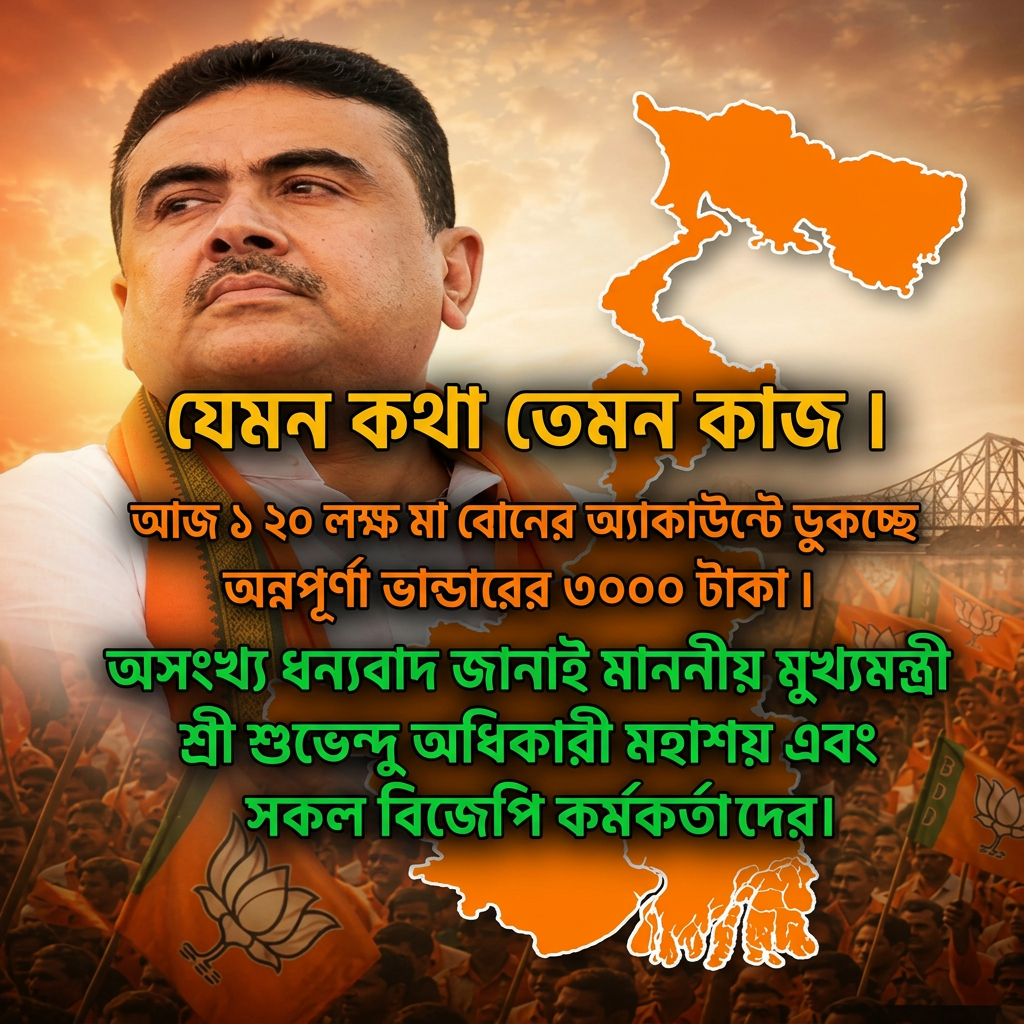 Write this in middle of the image "যেমন কথা তেমন কাজ ।



আজ ১ লা জুলাই থেকেই ১ কোটি ২০ লক্ষ মা বোনের অ্যাকাউন্টে ডুকচ্ছে অন্নপূর্ণা ভান্ডারের ৩০০০ টাকা।


অসংখ্য ধন্যবাদ জানাই মাননীয় মুখ্যমন্ত্রী শ্রী শুভেন্দু অধিকারী মহাশয় এবং সকল বিজেপি কর্মকর্তা দের।" Make sure first paragraph and last paragraph should be bold and ever paragraph will be big size letter and use different colours