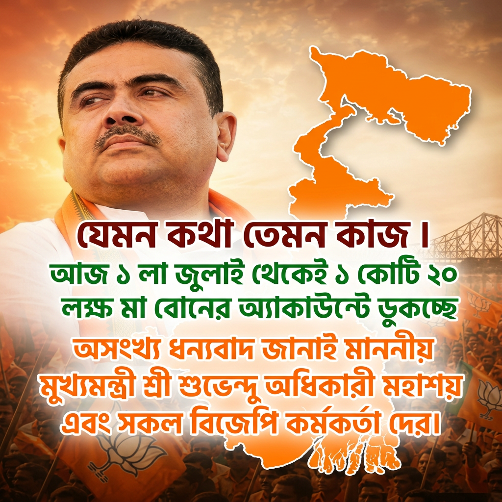 Write this in middle of the image "যেমন কথা তেমন কাজ ।



আজ ১ লা জুলাই থেকেই ১ কোটি ২০ লক্ষ মা বোনের অ্যাকাউন্টে ডুকচ্ছে অন্নপূর্ণা ভান্ডারের ৩০০০ টাকা।


অসংখ্য ধন্যবাদ জানাই মাননীয় মুখ্যমন্ত্রী শ্রী শুভেন্দু অধিকারী মহাশয় এবং সকল বিজেপি কর্মকর্তা দের।" Make sure first paragraph and last paragraph should be bold and ever paragraph will be big size letter and use different colours,