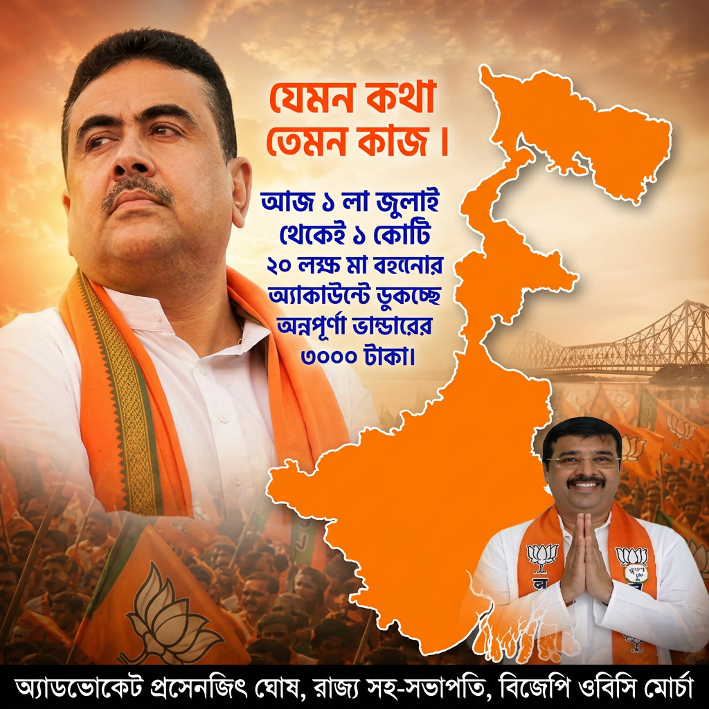Write this in middle of the image "যেমন কথা তেমন কাজ ।



আজ ১ লা জুলাই থেকেই ১ কোটি ২০ লক্ষ মা    বোনের অ্যাকাউন্টে ডুকচ্ছে অন্নপূর্ণা ভান্ডারের ৩০০০ টাকা।


অসংখ্য ধন্যবাদ জানাই মাননীয় মুখ্যমন্ত্রী শ্রী শুভেন্দু অধিকারী মহাশয় এবং সকল বিজেপি কর্মকর্তা দের।" Make sure first paragraph and last paragraph should be bold and ever paragraph will be big size letter and use different colours, and add the 2nd small image melt with image background in the beaneth right of the 1st image and mention " অ্যাডভোকেট প্রসেনজিৎ ঘোষ, রাজ্য সহ-সভাপতি, বিজেপি ওবিসি মোর্চা " beaneth the hole image , all letter should be correct and according to the given prompt.