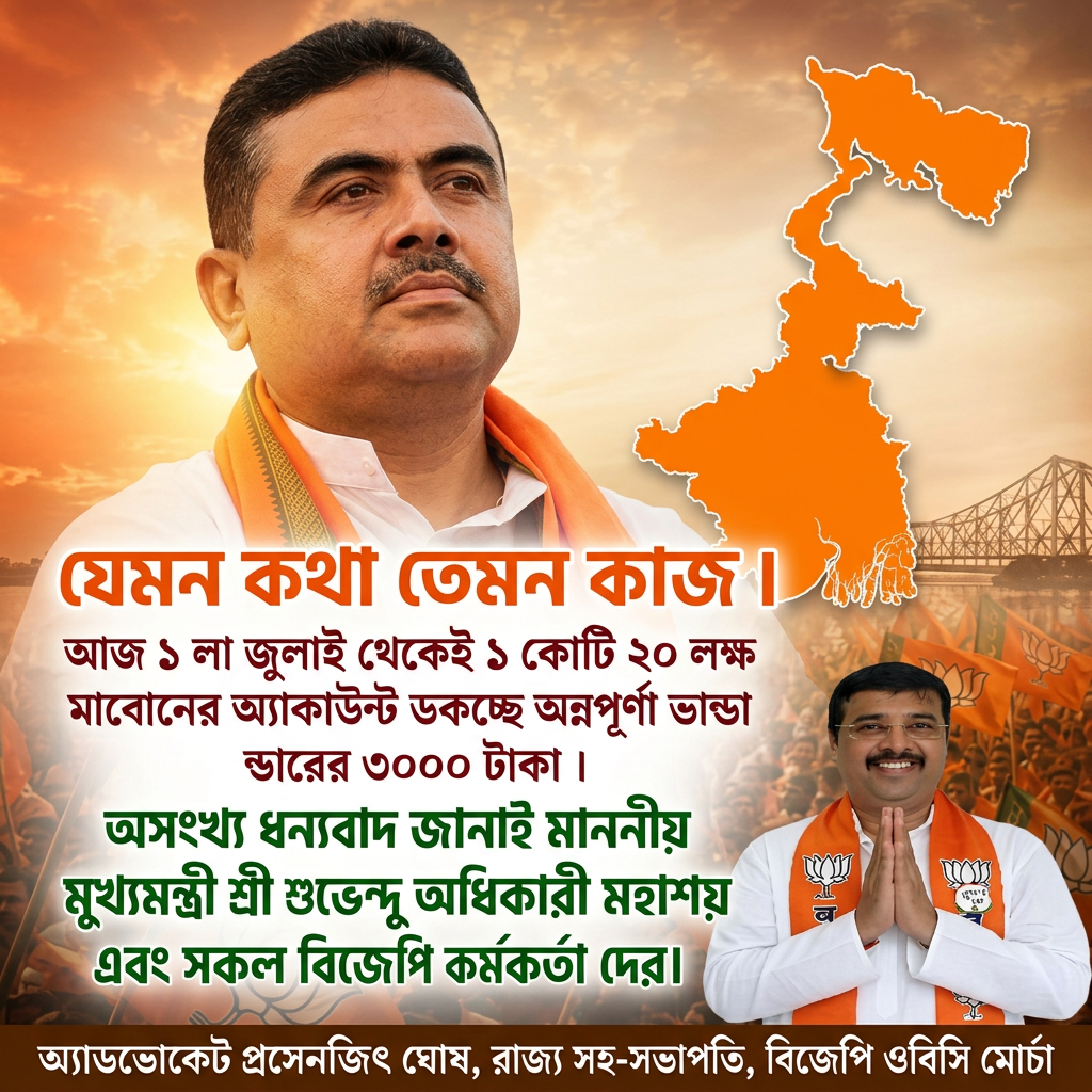 Write this in middle of the image "যেমন কথা তেমন কাজ ।



আজ ১ লা জুলাই থেকেই ১ কোটি ২০ লক্ষ মা    বোনের অ্যাকাউন্টে ডুকচ্ছে অন্নপূর্ণা ভান্ডারের ৩০০০ টাকা।


অসংখ্য ধন্যবাদ জানাই মাননীয় মুখ্যমন্ত্রী শ্রী শুভেন্দু অধিকারী মহাশয় এবং সকল বিজেপি কর্মকর্তা দের।" Make sure first paragraph and last paragraph should be bold and ever paragraph will be big size letter and use different colours, and add the 2nd small image melt with image background in the beaneth right of the 1st image and mention " অ্যাডভোকেট প্রসেনজিৎ ঘোষ, রাজ্য সহ-সভাপতি, বিজেপি ওবিসি মোর্চা " beaneth the hole image