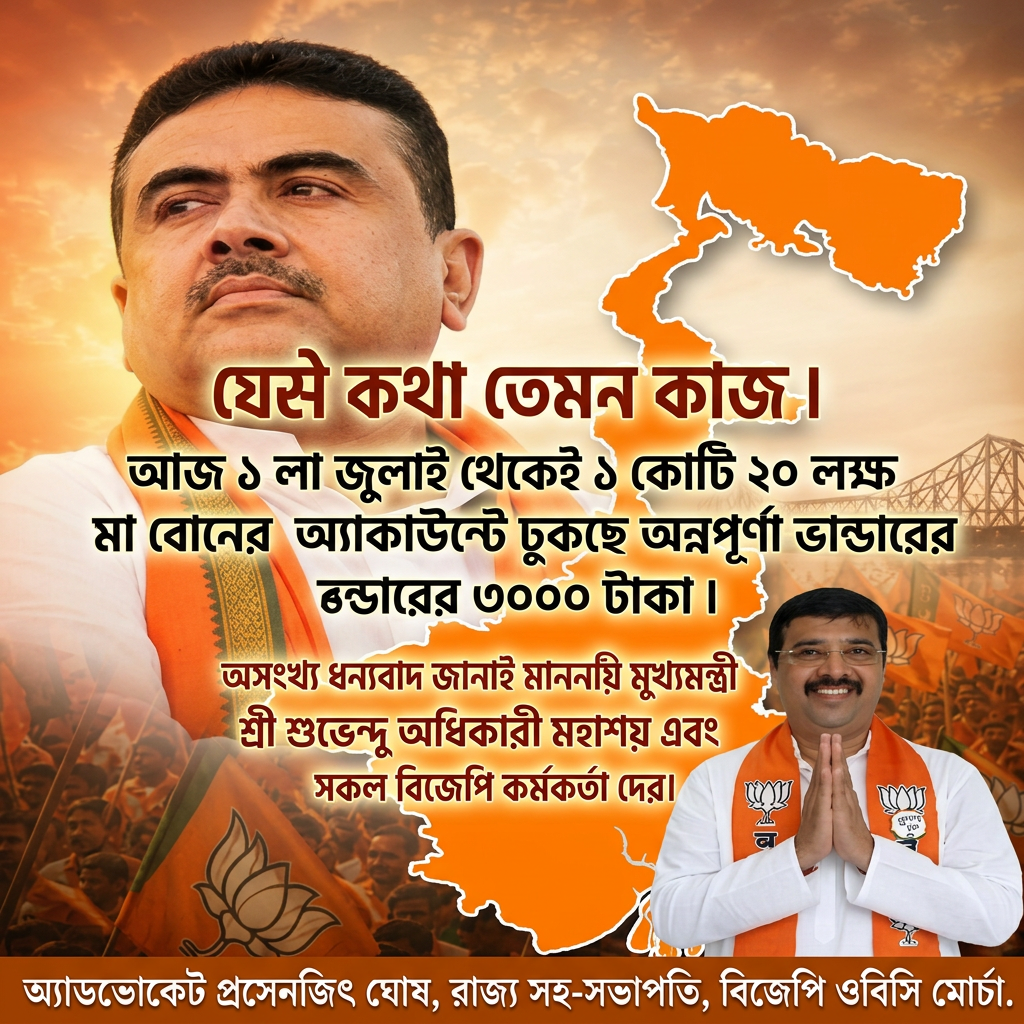 Write this in middle of the image "যেমন কথা তেমন কাজ ।



আজ ১ লা জুলাই থেকেই ১ কোটি ২০ লক্ষ মা বোনের অ্যাকাউন্টে ডুকচ্ছে অন্নপূর্ণা ভান্ডারের ৩০০০ টাকা।


অসংখ্য ধন্যবাদ জানাই মাননীয় মুখ্যমন্ত্রী শ্রী শুভেন্দু অধিকারী মহাশয় এবং সকল বিজেপি কর্মকর্তা দের।" Make sure first paragraph and last paragraph should be bold and ever paragraph will be big size letter and use different colours, and add the 2nd small image melt with image background in the beaneth right of the 1st image and mention " অ্যাডভোকেট প্রসেনজিৎ ঘোষ, রাজ্য সহ-সভাপতি, বিজেপি ওবিসি মোর্চা " beaneth the hole image