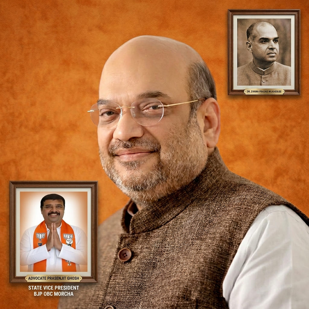 AI Design for Add the 2nd photo in the 1st photo beneath right melt with image background and mention beaneth the added photo "ADVOCATE PRASENJIT GHOSH STATE VICE PRESIDENT BJP OBC MORCHA"