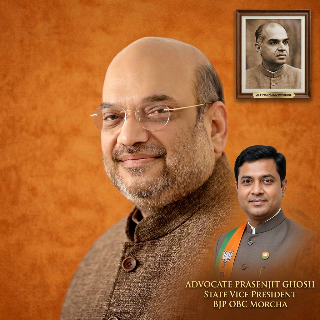 AI Design for Add the 2nd photo in the 1st photo beneath right melt with image background and mention beaneth the added photo "ADVOCATE PRASENJIT GHOSH STATE VICE PRESIDENT BJP OBC MORCHA"