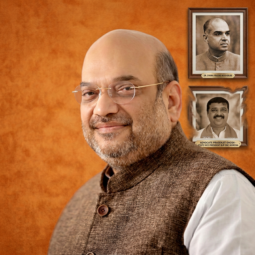 AI Design for Add the 2nd photo in the 1st photo beneath right melt with image background and mention beaneth the added photo "ADVOCATE PRASENJIT GHOSH STATE VICE PRESIDENT BJP OBC MORCHA"