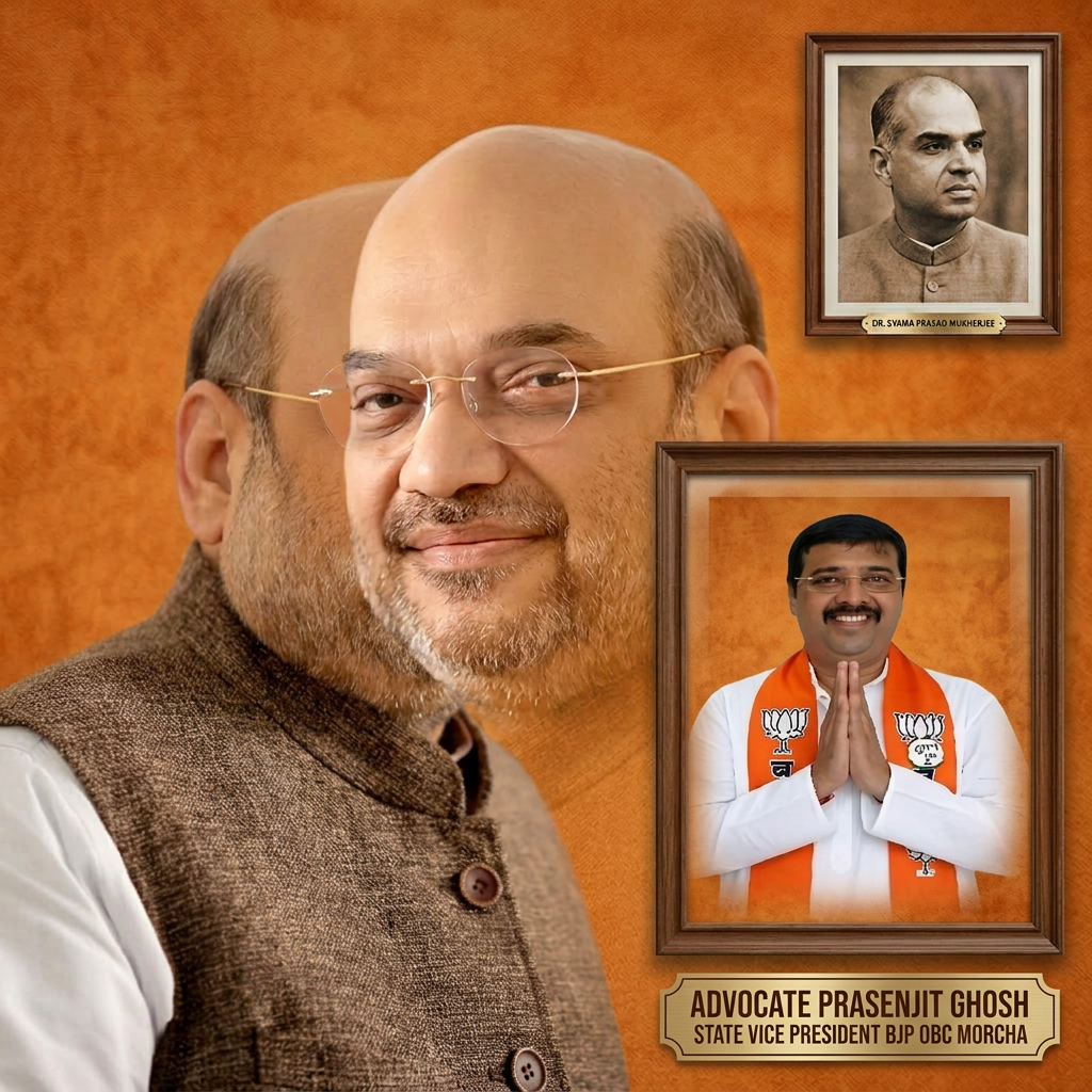AI Design for Add the 2nd photo in the 1st photo beneath right melt with image background and mention beaneth the added photo "ADVOCATE PRASENJIT GHOSH STATE VICE PRESIDENT BJP OBC MORCHA"