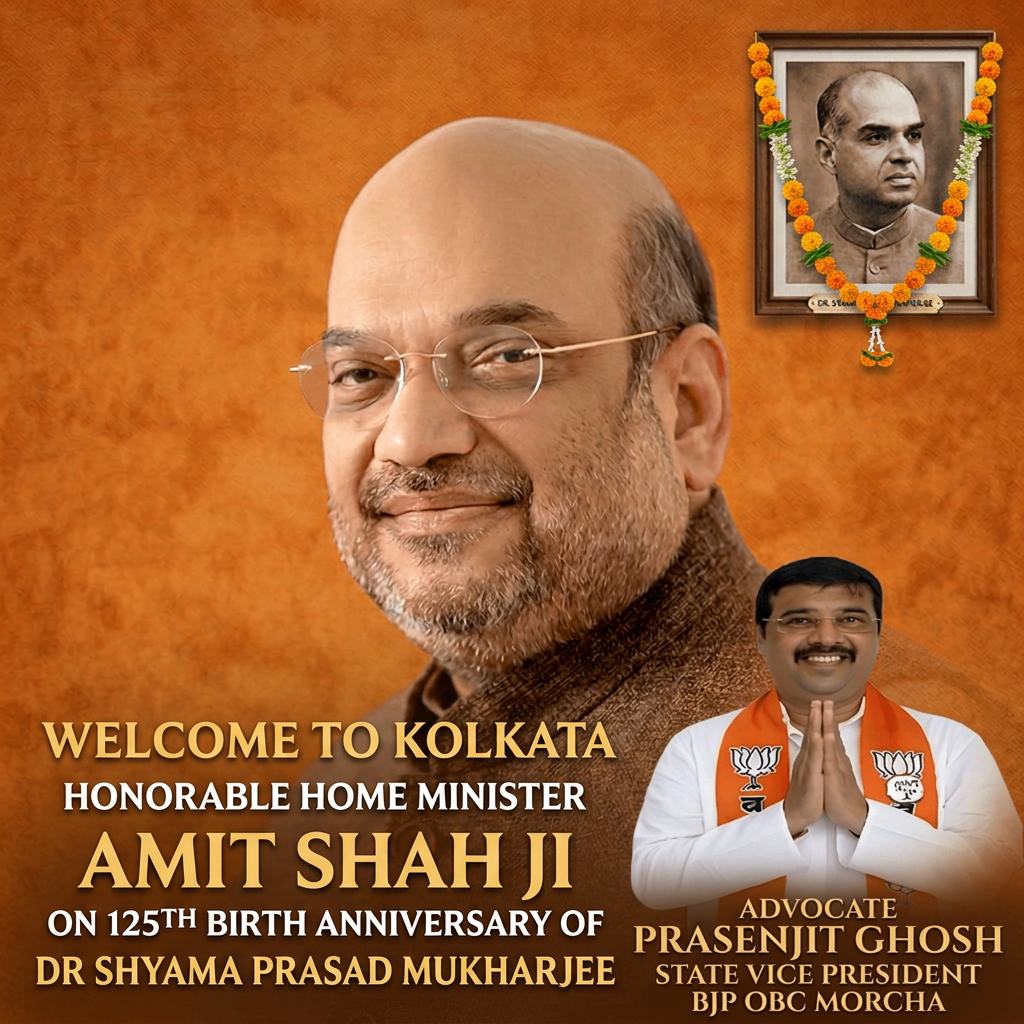 AI Design for Add this
"welcome to kolkata
honorable home minister
AMIT SHAH JI
on 125th birth anniversary of
Dr SHYAMA PRASAD MUKHARJEE"
in the middle of the image and all letters should be capital and bold do paragraph