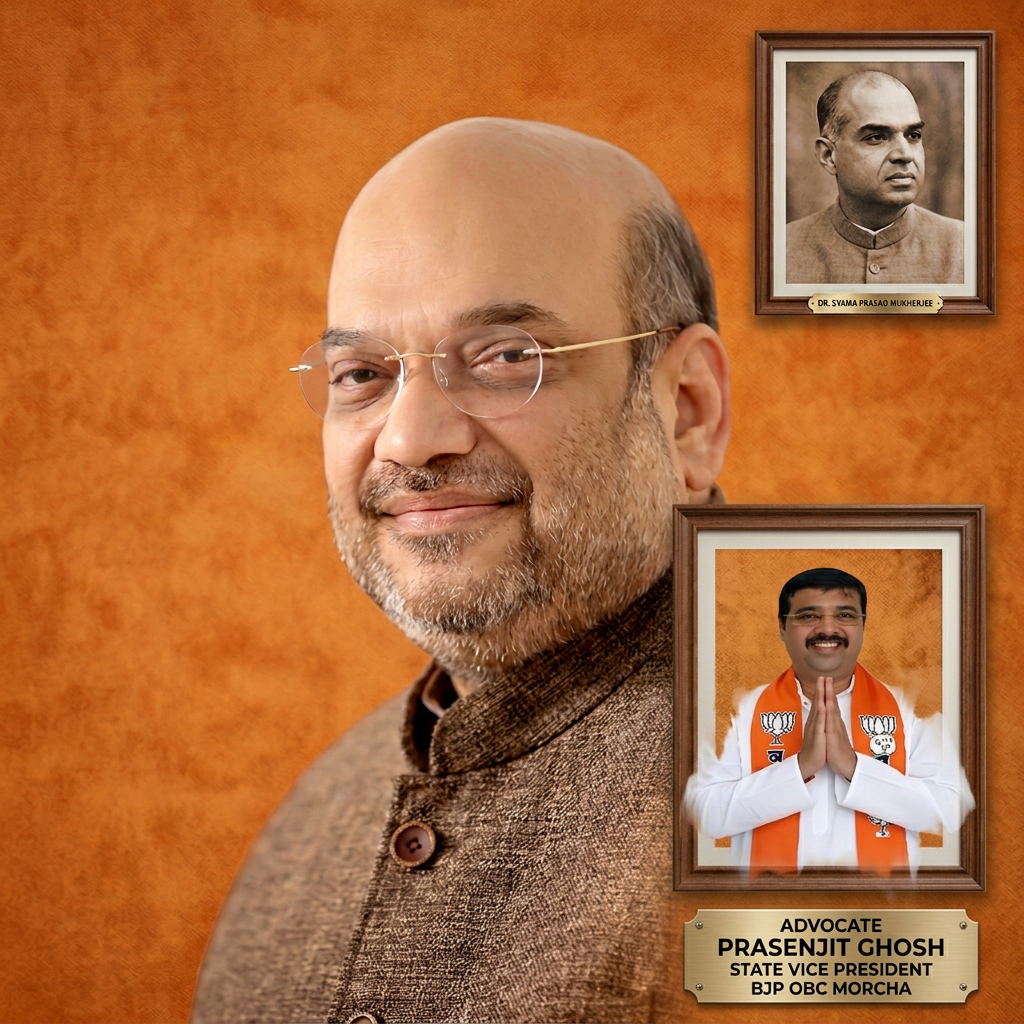 AI Design for Add the 2nd photo in the 1st photo beneath right melt with image background and mention beaneth the added photo "ADVOCATE PRASENJIT GHOSH STATE VICE PRESIDENT BJP OBC MORCHA"