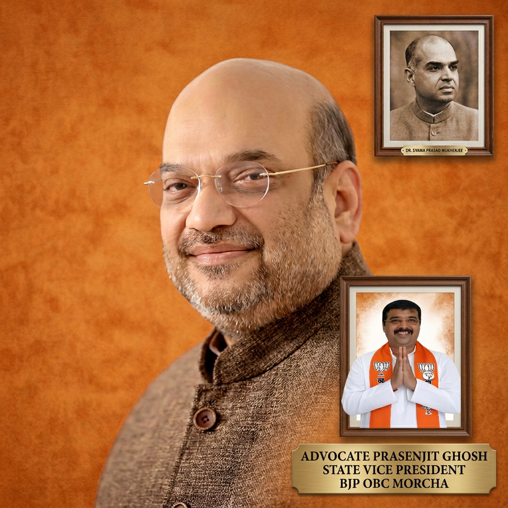 AI Design for Add the 2nd photo in the 1st photo beneath right melt with image background and mention beaneth the added photo "ADVOCATE PRASENJIT GHOSH STATE VICE PRESIDENT BJP OBC MORCHA"