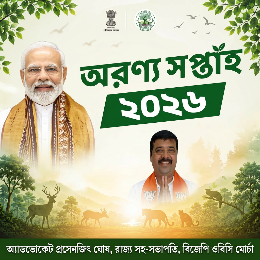 AI Design for add this small beneath left of 1st images melt with image background and mention " অ্যাডভোকেট প্রসেনজিৎ ঘোষ, রাজ্য সহ-সভাপতি, বিজেপি ওবিসি মোর্চা
" beneath the whole photo