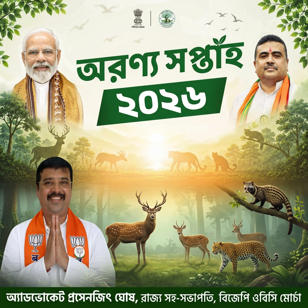 AI Design for add this small beneath left of 1st images melt with image background and mention " অ্যাডভোকেট প্রসেনজিৎ ঘোষ, রাজ্য সহ-সভাপতি, বিজেপি ওবিসি মোর্চা
" beneath the whole photo