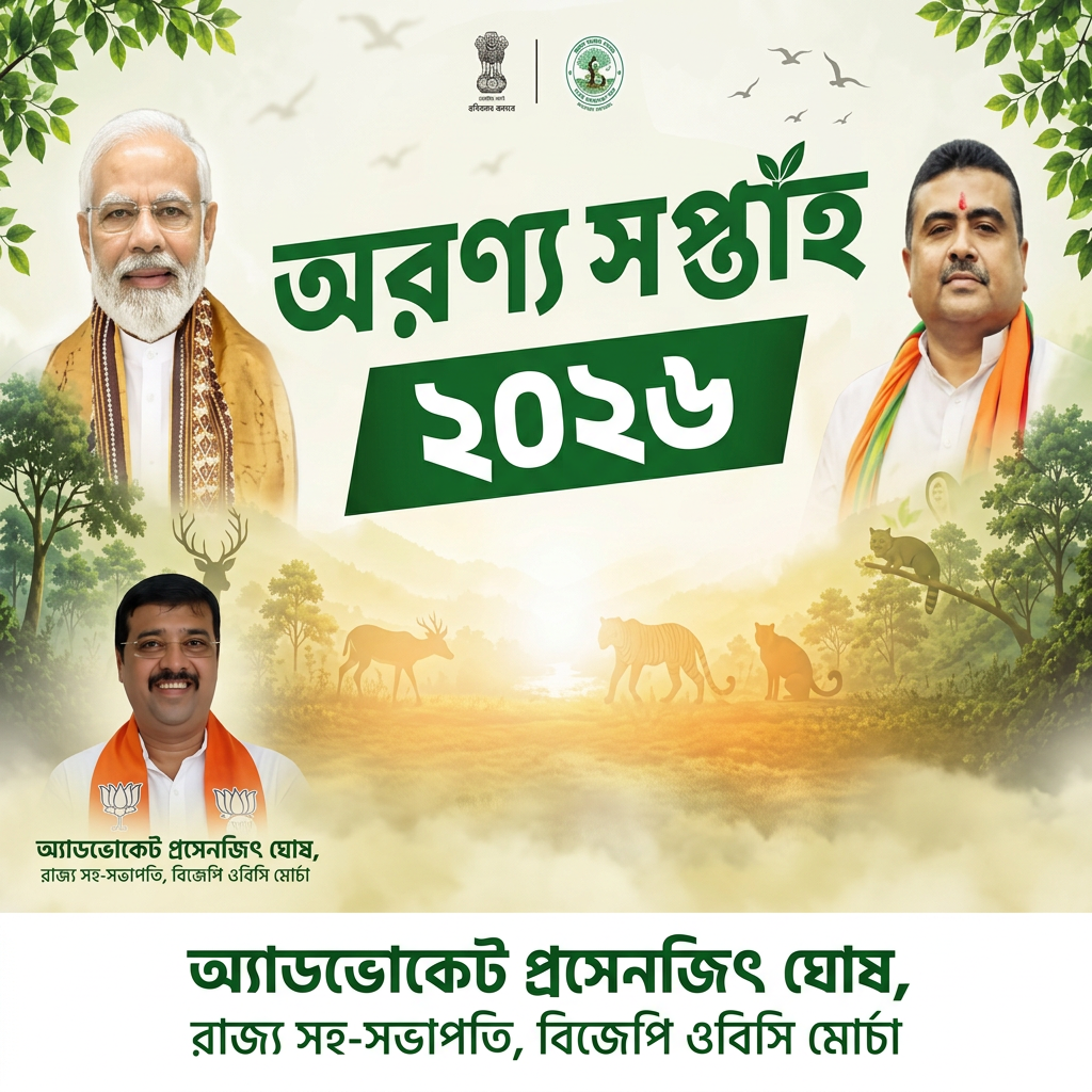 AI Design for add this small beneath left of 1st images melt with image background and mention " অ্যাডভোকেট প্রসেনজিৎ ঘোষ, রাজ্য সহ-সভাপতি, বিজেপি ওবিসি মোর্চা
" beneath the whole photo