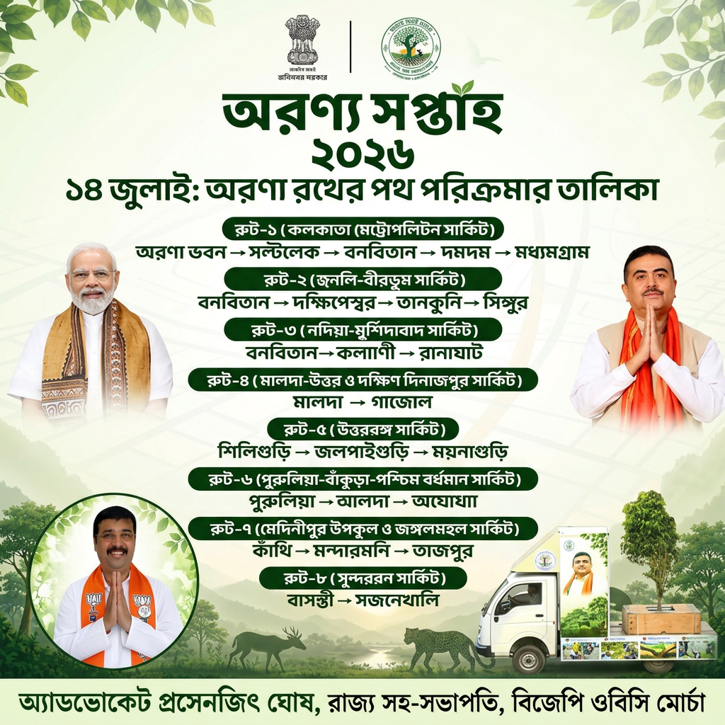 AI Design for add this small beneath left of 1st images melt with image background and mention " অ্যাডভোকেট প্রসেনজিৎ ঘোষ, রাজ্য সহ-সভাপতি, বিজেপি ওবিসি মোর্চা
" beneath the whole photo