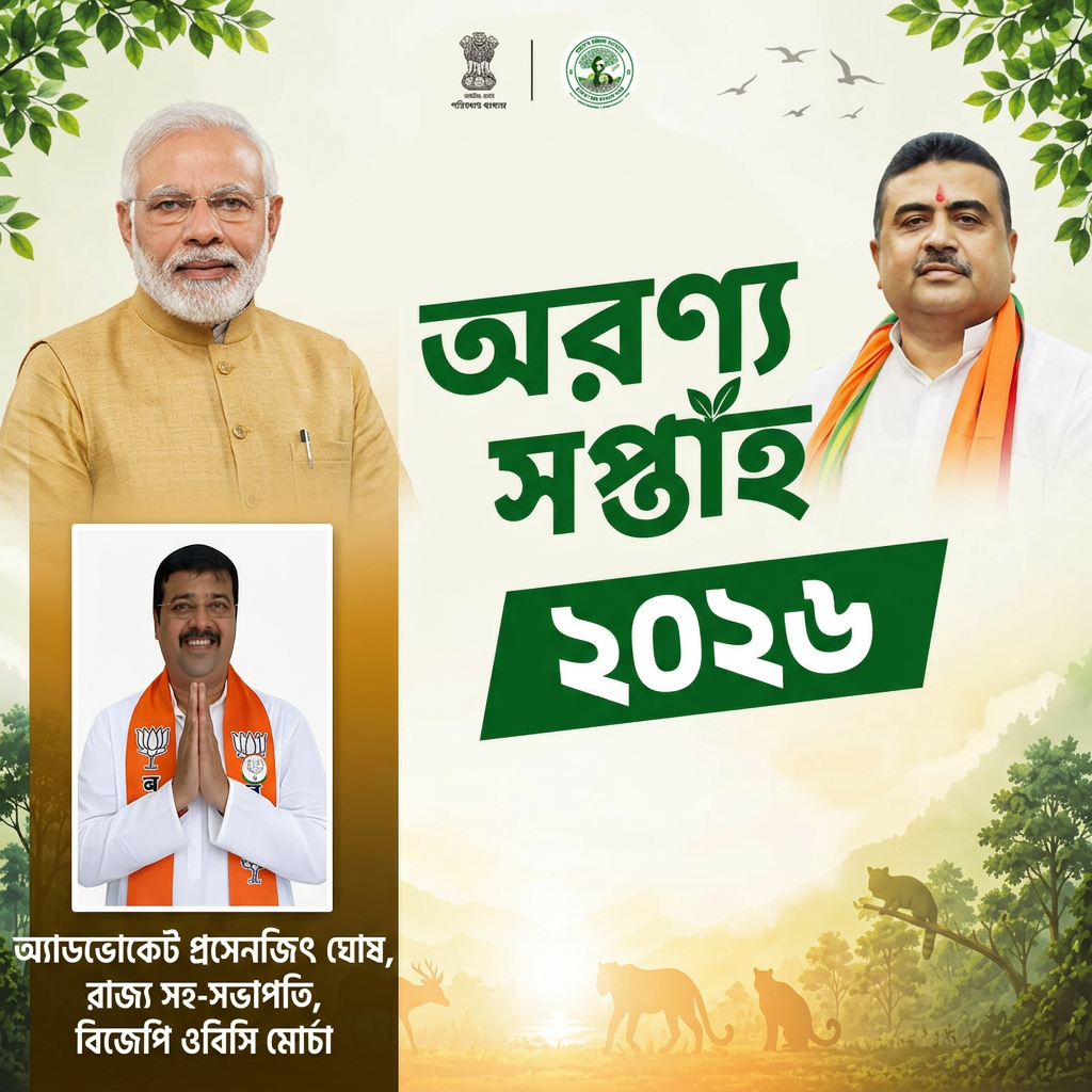 AI Design for add this small beneath left of 1st images melt with image background and mention " অ্যাডভোকেট প্রসেনজিৎ ঘোষ, রাজ্য সহ-সভাপতি, বিজেপি ওবিসি মোর্চা
" beneath the whole photo