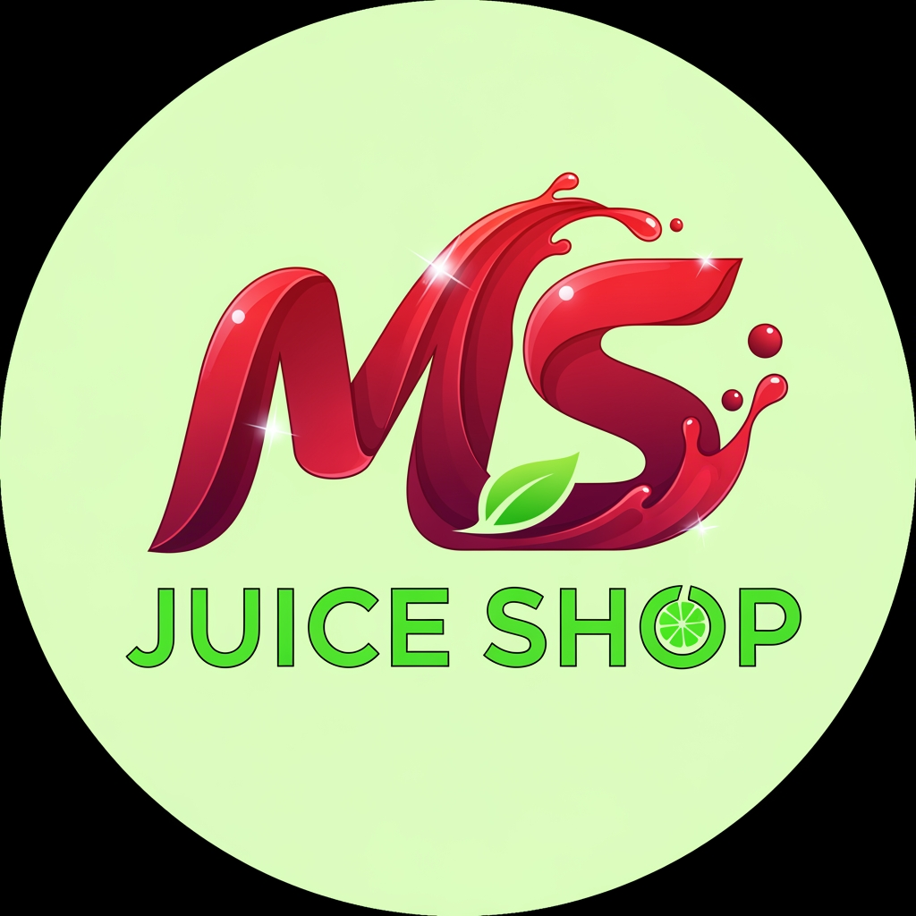 i want to create logo for juice shop.  title is "MS" Juice Shop. make it MS letter  as logo and keep the text below. make it MS letter suits somting like this.. any more options use red and meron color and green for the juice shop text somting like that . image size shoud be 8inchX8inch high resolution
