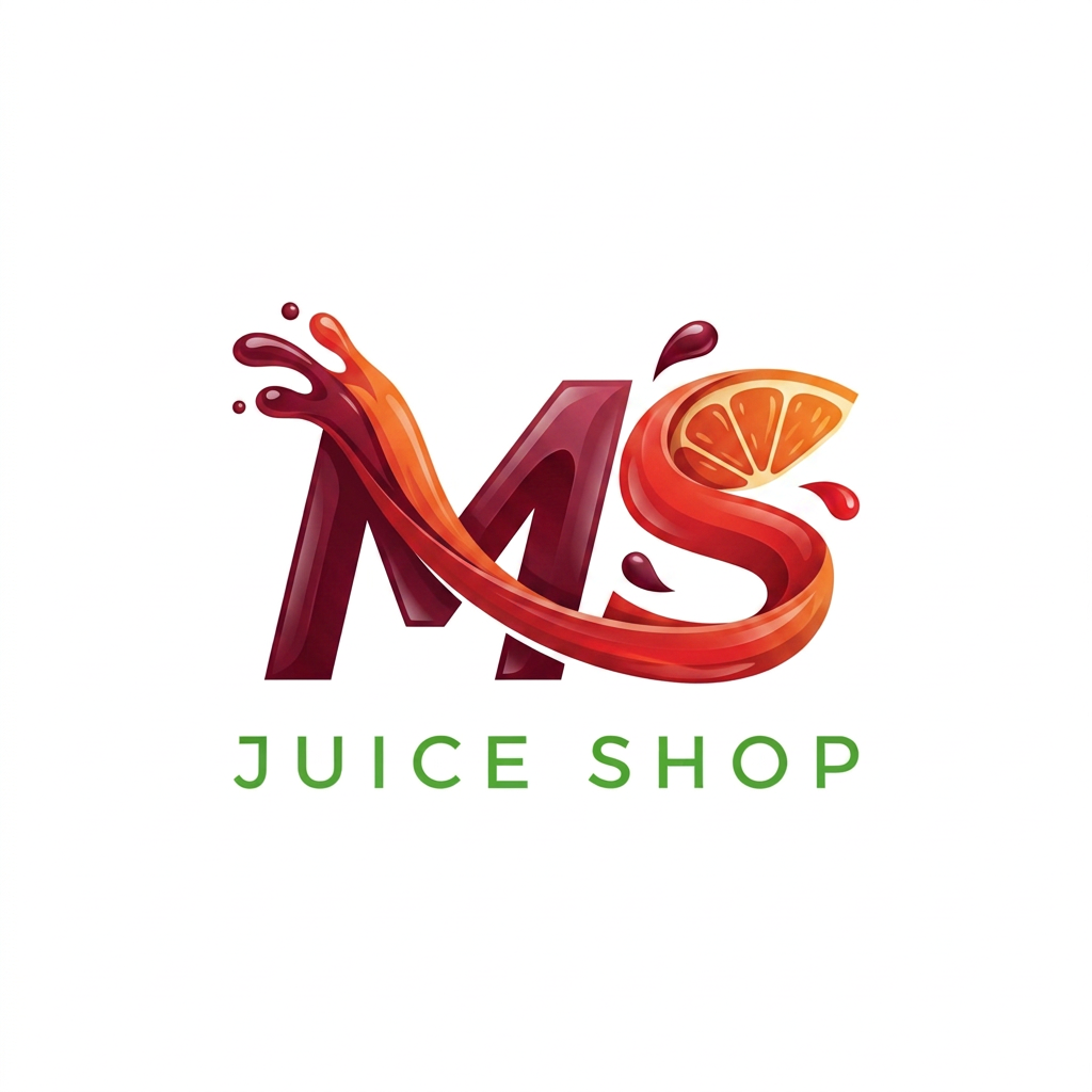 i want to create logo for juice shop. title is "MS" Juice Shop. make it MS letter as logo and keep the text below. make it MS letter suits somting like this.. any more options use red and meron color and green for the juice shop text something like that . image size shoud be 8inchX8inch high resolution