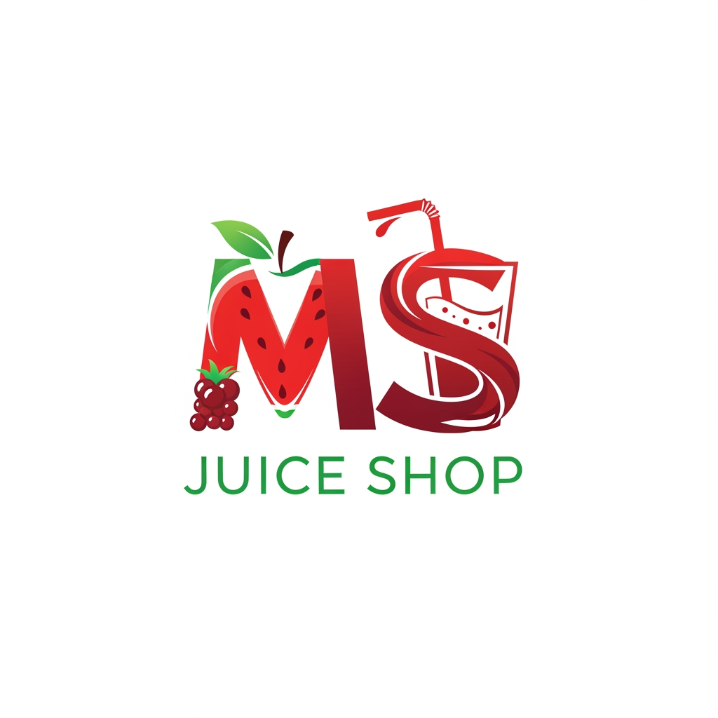 i want to create logo for juice shop.  title is "MS" Juice Shop. make it MS letter  as logo and keep the text below. make it MS letter suits with juice like use any fruit or juice glass and straw. somting like this.. any more options use red and meron color and green for the juice shop text somting like that . image size shoud be 8inchX8inch high resolution