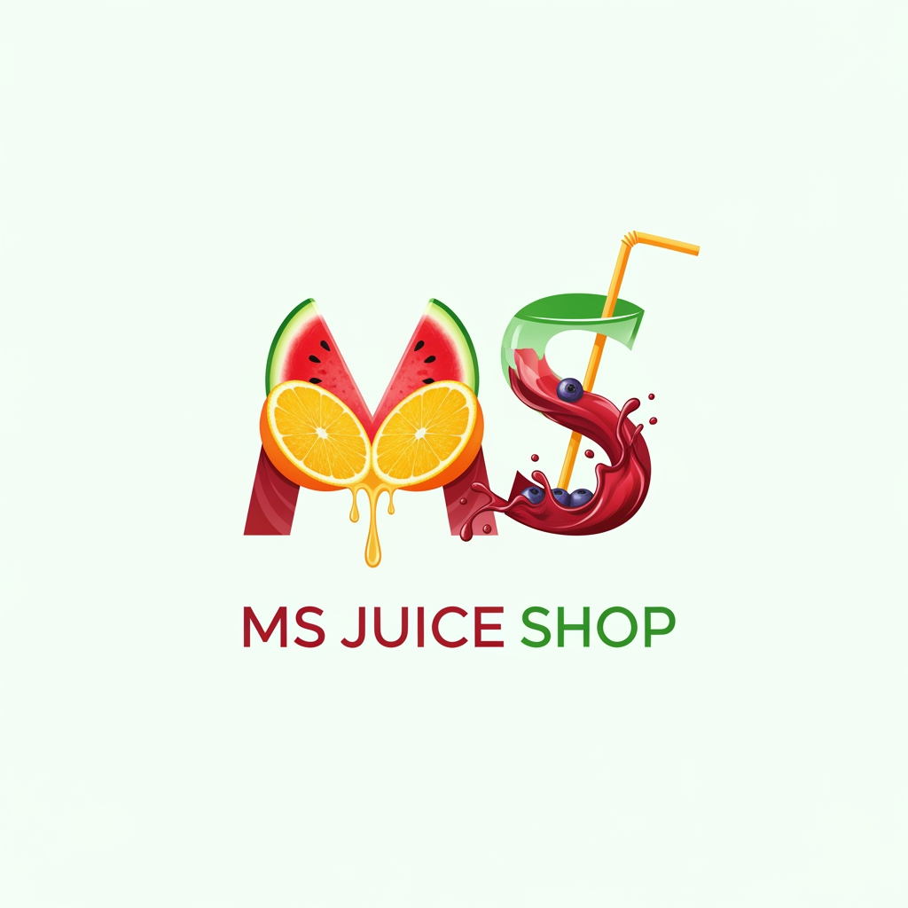 i want to create logo for juice shop.  title is "MS" Juice Shop. make it MS letter  as logo and keep the text below. make it MS letter suits with juice like use any fruit or juice glass and straw. somting like this.. any more options use red and meron color and green for the juice shop text somting like that . image size shoud be 8inchX8inch high resolution