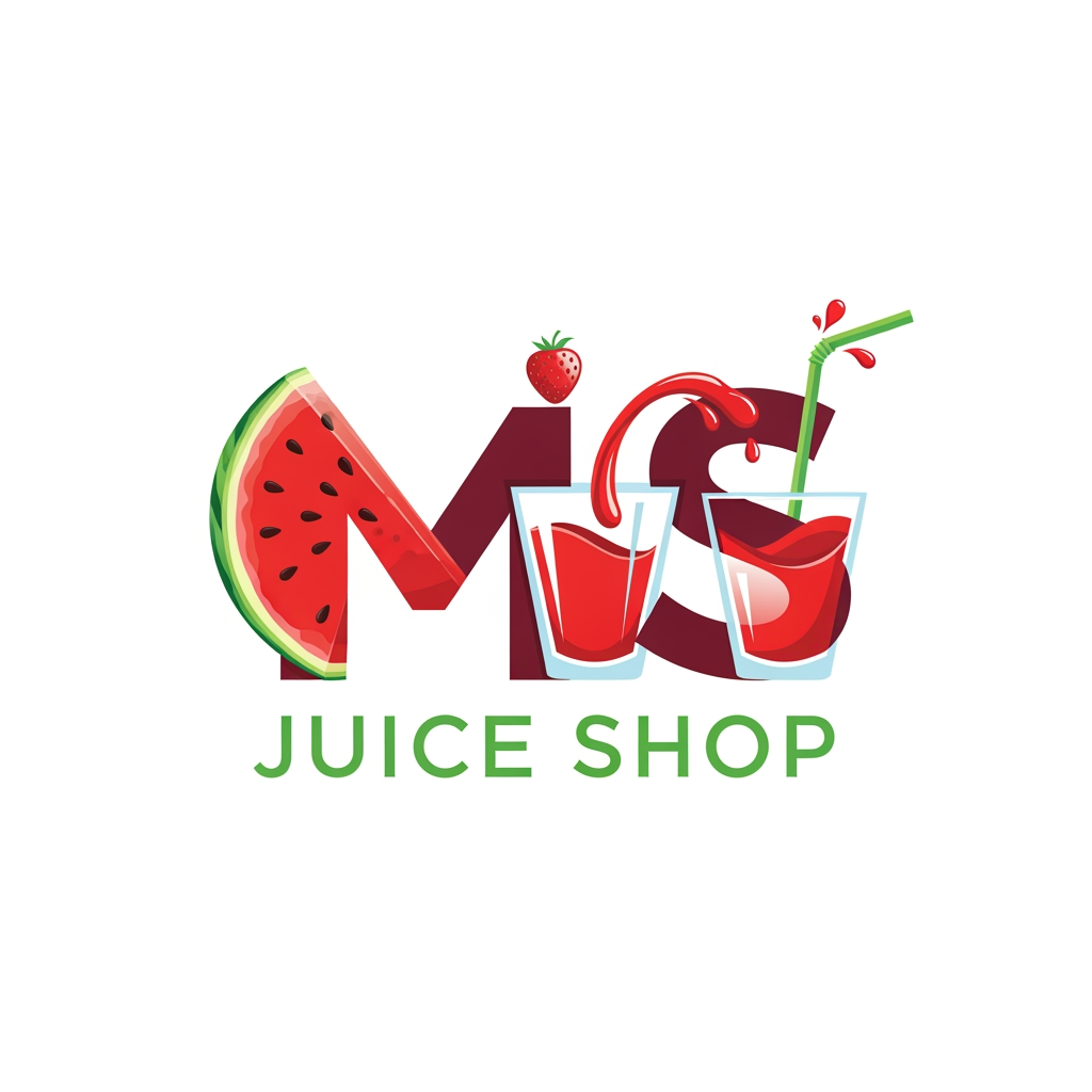 i want to create logo for juice shop.  title is "MS" Juice Shop. make it MS letter  as logo and keep the text below. make it MS letter suits with juice like use any fruit or juice glass and straw. somting like this.. any more options use red and meron color and green for the juice shop text somting like that . image size shoud be 8inchX8inch high resolution
