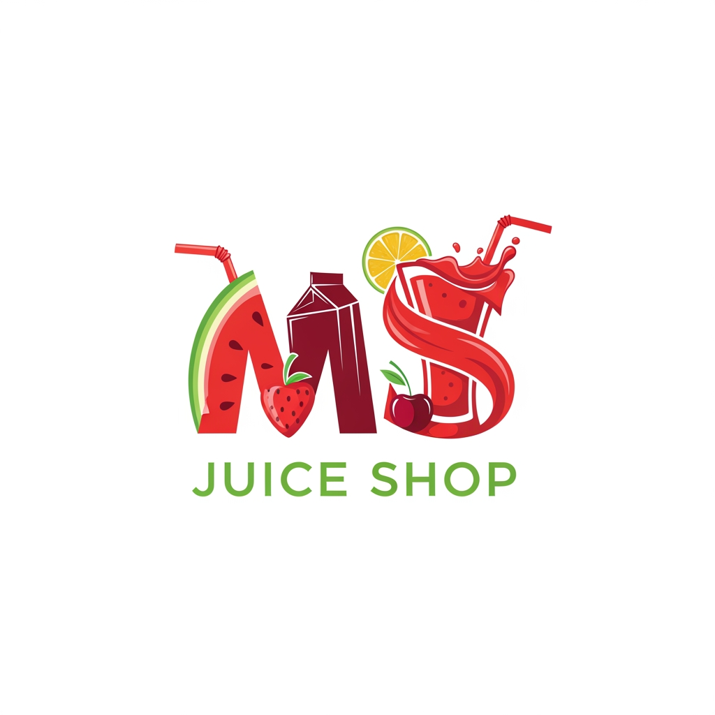 i want to create logo for juice shop.  title is "MS" Juice Shop. make it MS letter  as logo and keep the text below. make it MS letter suits with juice like use any fruit or juice glass and straw. somting like this.. any more options use red and meron color and green for the juice shop text somting like that . image size shoud be 8inchX8inch high resolution