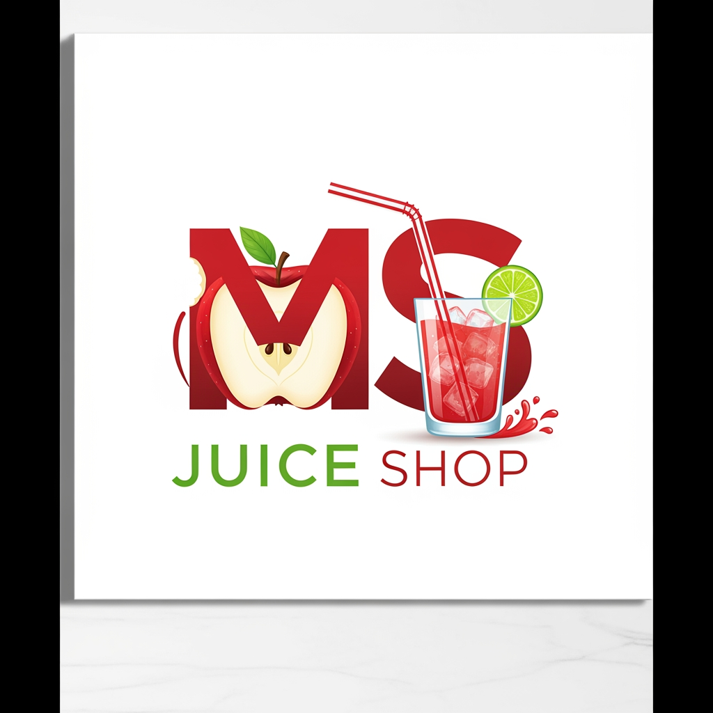 i want to create logo for juice shop.  title is "MS" Juice Shop. make it MS letter  as logo and keep the text below. make it MS letter suits with juice like use any fruit or juice glass and straw. somting like this.. any more options use red and meron color and green for the juice shop text somting like that . image size shoud be 8inchX8inch high resolution