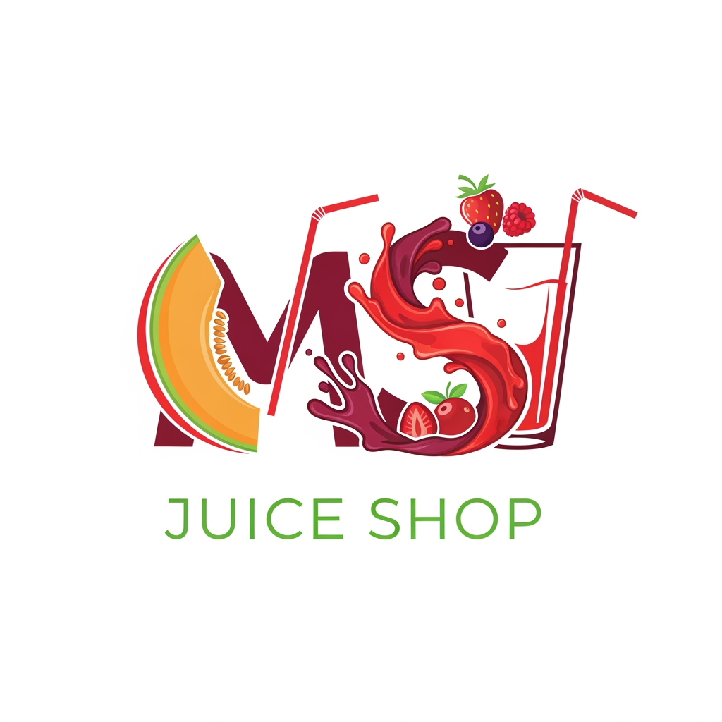 i want to create logo for juice shop.  title is "MS" Juice Shop. make it MS letter  as logo and keep the text below. make it MS letter suits with juice like use any fruit or juice glass and straw. somting like this.. any more options use red and meron color and green for the juice shop text somting like that . image size shoud be 8inchX8inch high resolution