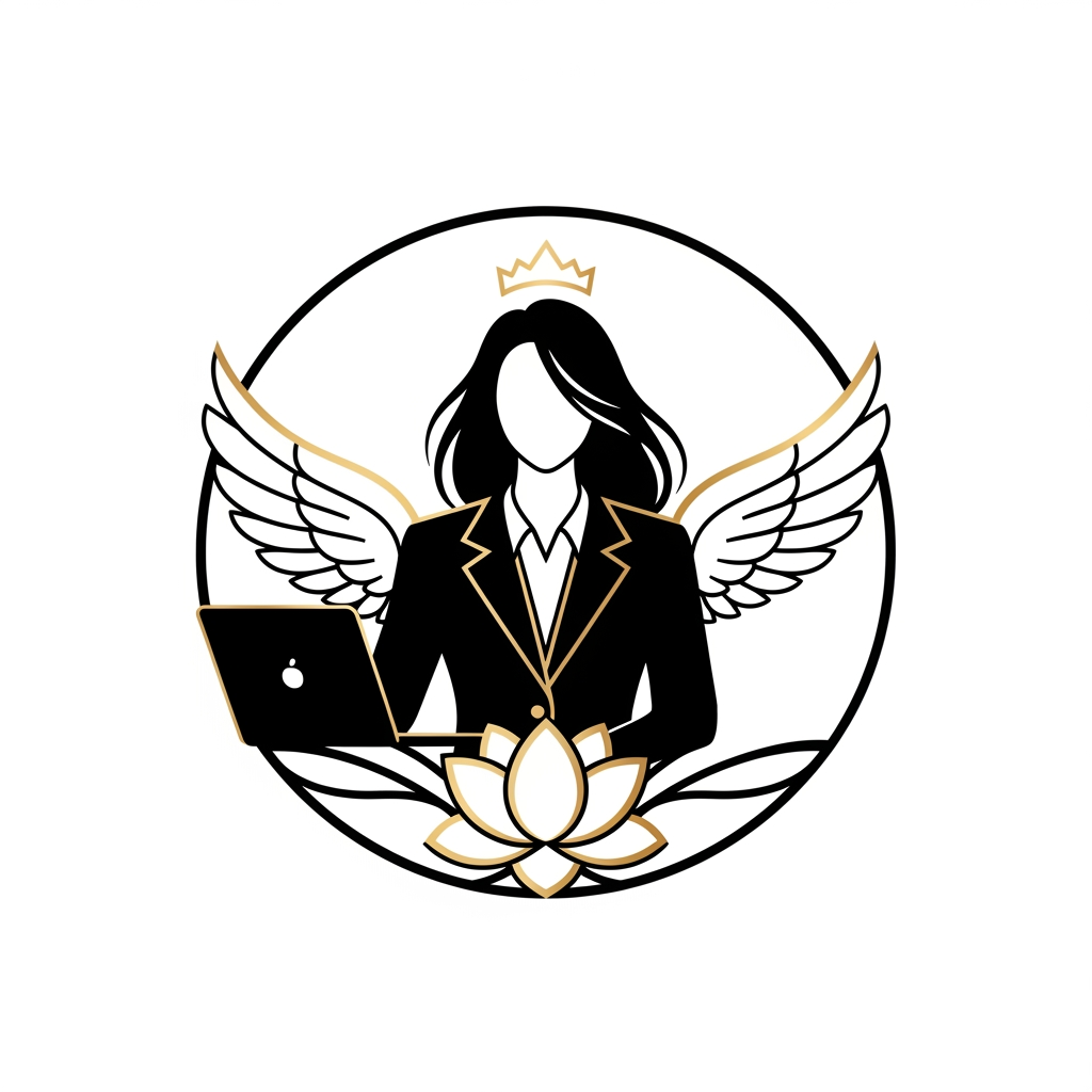 Logo PromptPremium Luxury Circular Logo Prompt

"Design a world-class luxury circular logo for a modern digital marketing brand that represents feminine leadership, creativity, intelligence, confidence, innovation, and empowerment. The logo must be perfectly enclosed within a clean circular emblem, creating a timeless, premium brand identity.

At the center, feature an elegant abstract female silhouette wearing a tailored professional blazer, symbolizing leadership and success. She should have long, flowing hair that naturally blends into a pair of beautifully stylized minimalist wings, representing freedom, ambition, vision, and limitless growth. The face should remain minimal and sophisticated, with no detailed facial features.

Subtly integrate a sleek modern laptop into the composition, positioned naturally in front of her as if she is confidently working or creating. The laptop should symbolize digital marketing, strategy, innovation, technology, and entrepreneurship without overpowering the design.

Behind or beneath the silhouette, delicately incorporate a blooming lotus using negative space to represent growth, transformation, purity, and resilience. A subtle halo or minimalist crown may be integrated above the head to symbolize excellence, confidence, and achievement.

Arrange every element with perfect balance and symmetry inside the circular frame. The composition should feel elegant, clean, and luxurious with smooth flowing curves, geometric harmony, and intelligent use of negative space. Every element should connect seamlessly, forming one unified premium emblem rather than separate objects.

Style Requirements:

Luxury feminine branding
Minimalist flat vector design
Premium logo suitable for global branding
Black and metallic gold color palette
Thin elegant line work with bold iconic silhouette
Perfectly symmetrical circular composition
Transparent background
No text
No gradients
No shadows
No 3D effects
No cartoon style
No clipart
No unnecessary decorative elements
Highly memorable, scalable, SVG-ready
Suitable for websites, business cards, social media, merchandise, and premium brand identity
Inspired by luxury brands, modern technology, fashion elegance, and award-winning logo design."