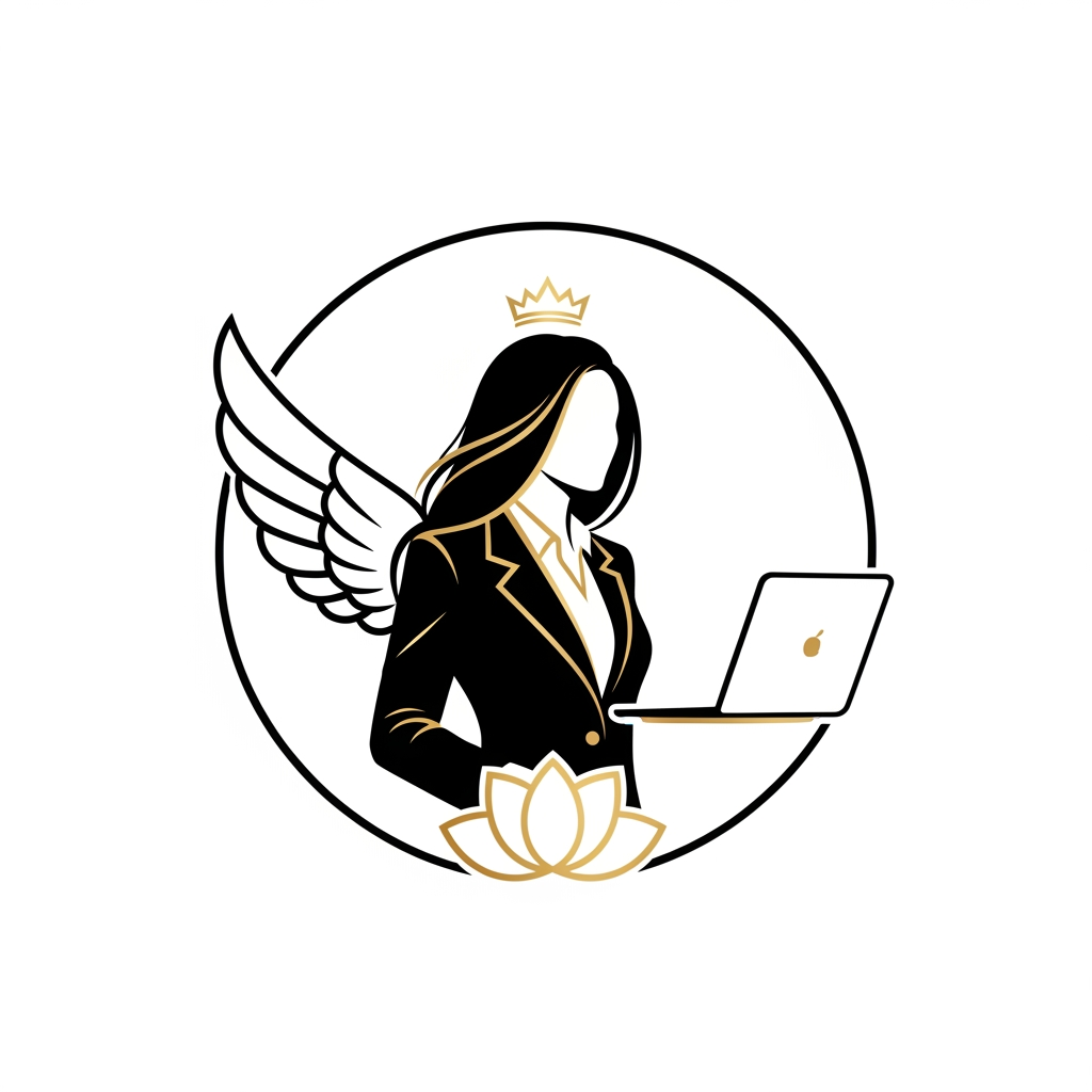 Logo PromptPremium Luxury Circular Logo Prompt

"Design a world-class luxury circular logo for a modern digital marketing brand that represents feminine leadership, creativity, intelligence, confidence, innovation, and empowerment. The logo must be perfectly enclosed within a clean circular emblem, creating a timeless, premium brand identity.

At the center, feature an elegant abstract female silhouette wearing a tailored professional blazer, symbolizing leadership and success. She should have long, flowing hair that naturally blends into a pair of beautifully stylized minimalist wings, representing freedom, ambition, vision, and limitless growth. The face should remain minimal and sophisticated, with no detailed facial features.

Subtly integrate a sleek modern laptop into the composition, positioned naturally in front of her as if she is confidently working or creating. The laptop should symbolize digital marketing, strategy, innovation, technology, and entrepreneurship without overpowering the design.

Behind or beneath the silhouette, delicately incorporate a blooming lotus using negative space to represent growth, transformation, purity, and resilience. A subtle halo or minimalist crown may be integrated above the head to symbolize excellence, confidence, and achievement.

Arrange every element with perfect balance and symmetry inside the circular frame. The composition should feel elegant, clean, and luxurious with smooth flowing curves, geometric harmony, and intelligent use of negative space. Every element should connect seamlessly, forming one unified premium emblem rather than separate objects.

Style Requirements:

Luxury feminine branding
Minimalist flat vector design
Premium logo suitable for global branding
Black and metallic gold color palette
Thin elegant line work with bold iconic silhouette
Perfectly symmetrical circular composition
Transparent background
No text
No gradients
No shadows
No 3D effects
No cartoon style
No clipart
No unnecessary decorative elements
Highly memorable, scalable, SVG-ready
Suitable for websites, business cards, social media, merchandise, and premium brand identity
Inspired by luxury brands, modern technology, fashion elegance, and award-winning logo design."
"The logo should immediately communicate: 'A confident woman leading in the digital world.' The wings should elegantly wrap around the circle, the flowing hair should naturally transition into the wings, the laptop should be seamlessly integrated into the silhouette, and the overall emblem should resemble a luxury fashion house logo rather than a typical business logo. Every curve should feel intentional, elegant, balanced, and iconic."